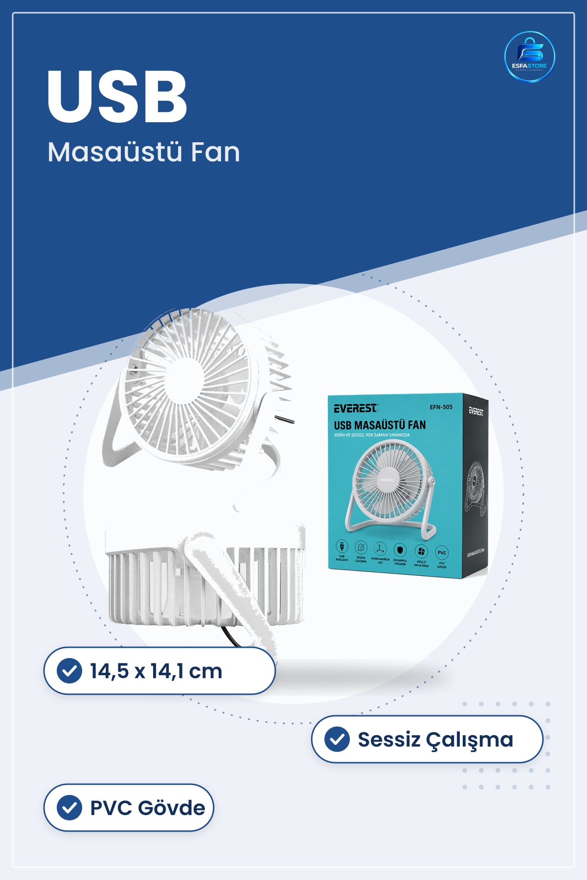 USB Masaüstü Vantilatör 14,5x14,1 cm PVC Gövde Şarjlı Sessiz Kompakt Taşınabilir Ofis Ev