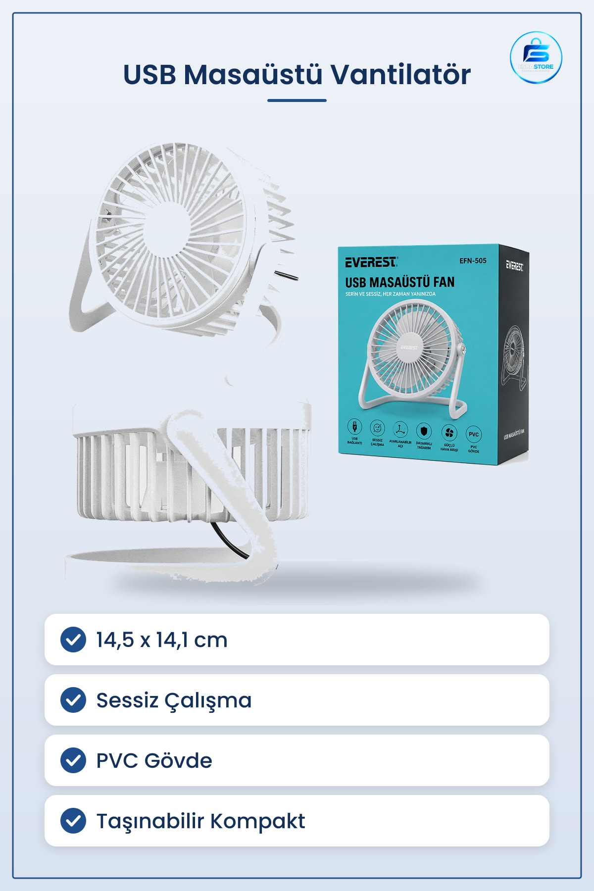 USB Masaüstü Vantilatör 14,5x14,1 cm PVC Gövde Şarjlı Sessiz Kompakt Taşınabilir Ofis Ev