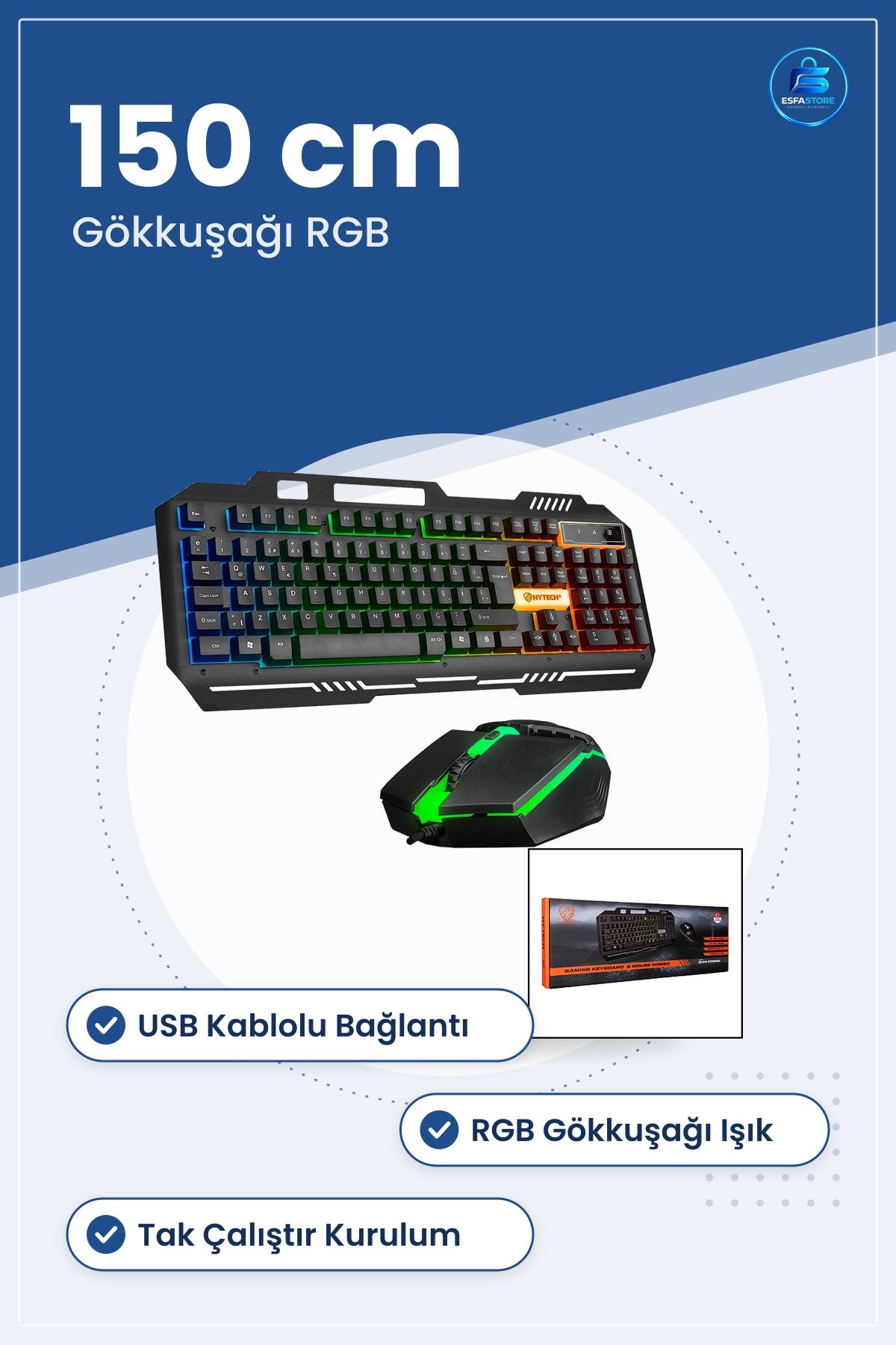 Oyuncu Klavye Mouse Set USB Kablolu RGB Işıklı Gökkuşağı 150 cm Tak Çalıştır Ofis Oyun