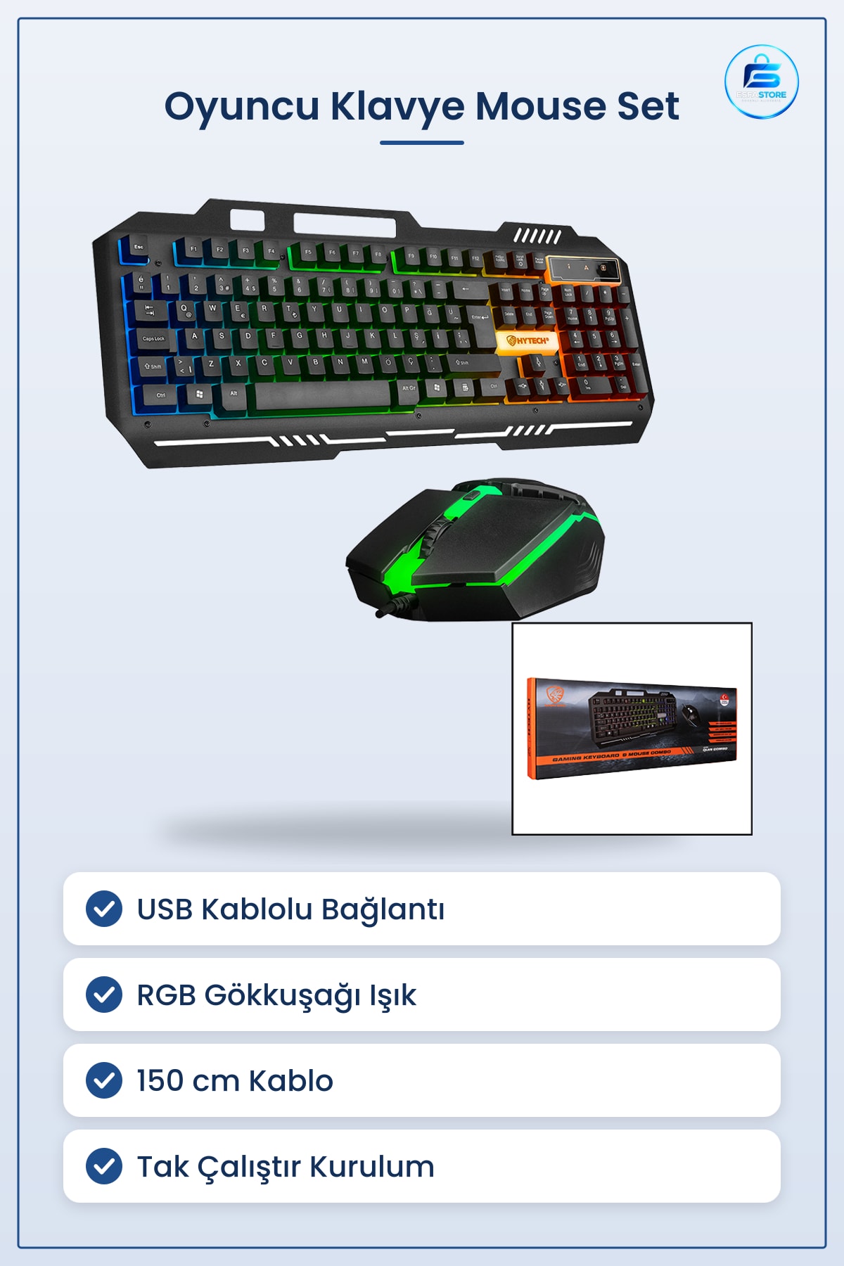 Oyuncu Klavye Mouse Set USB Kablolu RGB Işıklı Gökkuşağı 150 cm Tak Çalıştır Ofis Oyun