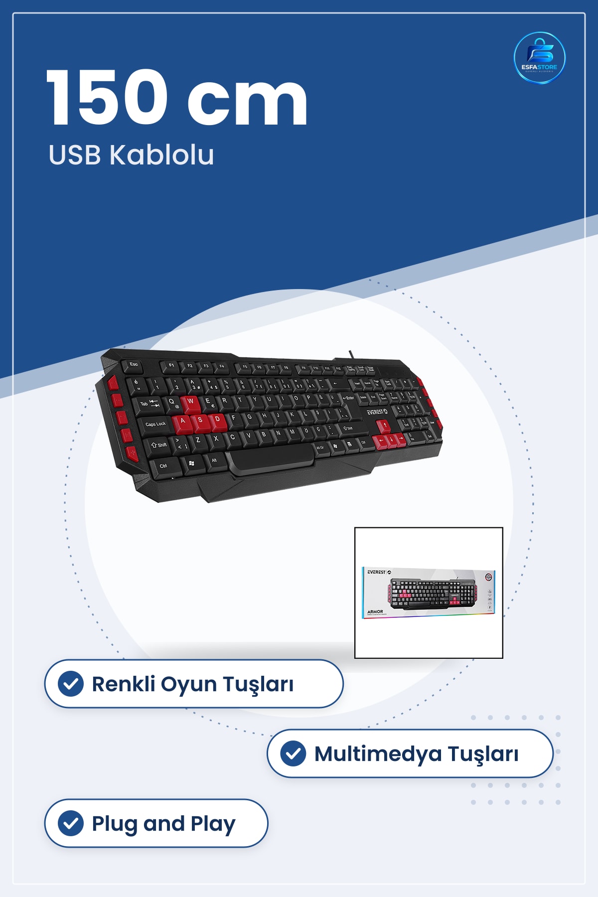 Klavye USB Kablolu Oyuncu Renkli Tuşlar 150 cm Kablo Multimedya Bilgisayar Plug and Play