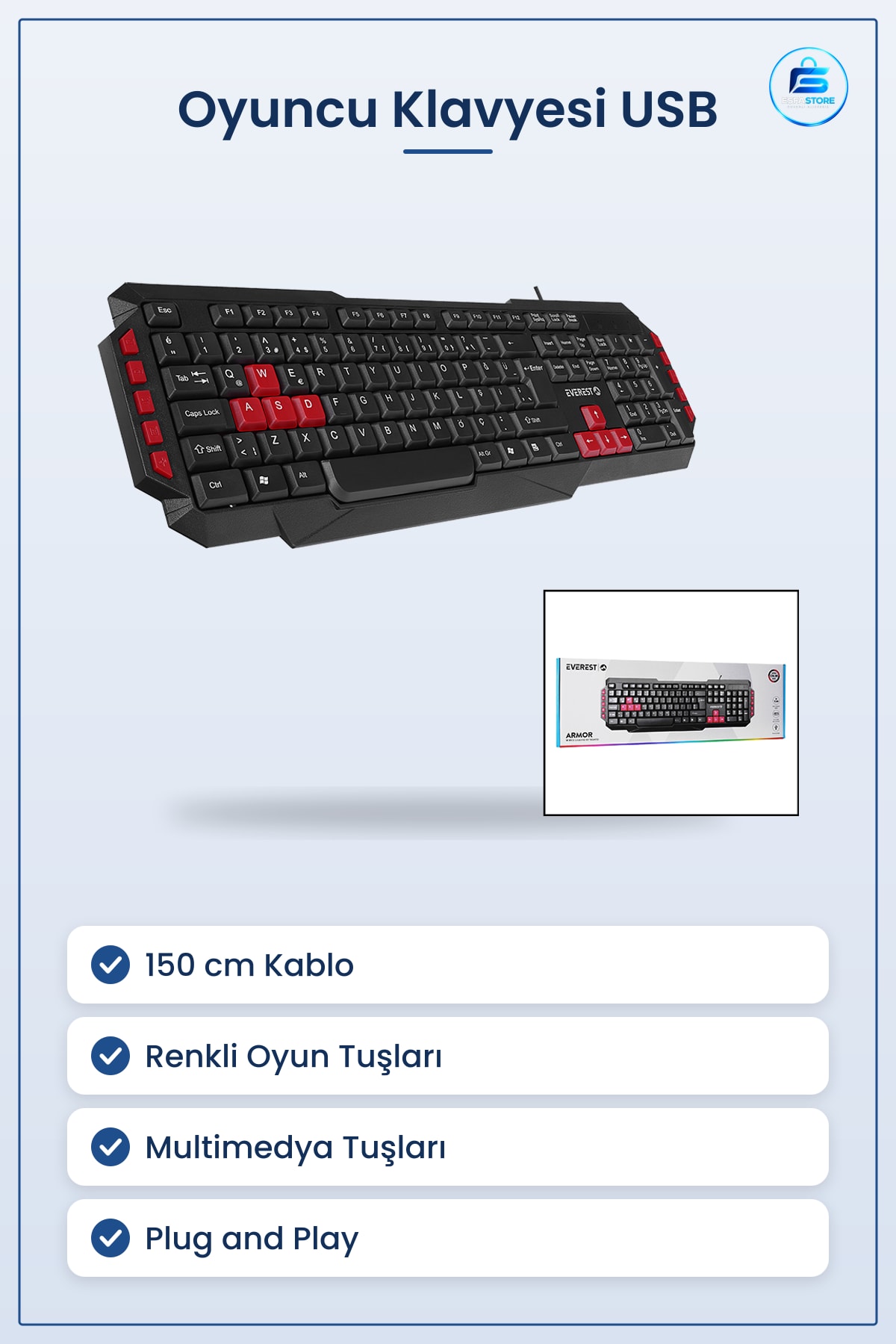 Klavye USB Kablolu Oyuncu Renkli Tuşlar 150 cm Kablo Multimedya Bilgisayar Plug and Play