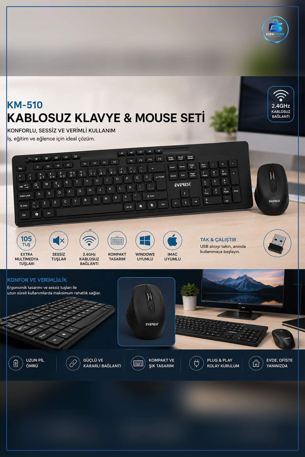Mouse Klavye Seti Kablosuz Multimedya Siyah Q Düzen 2.4 GHz Nano Alıcı Tak Çalıştır Ev Ofis