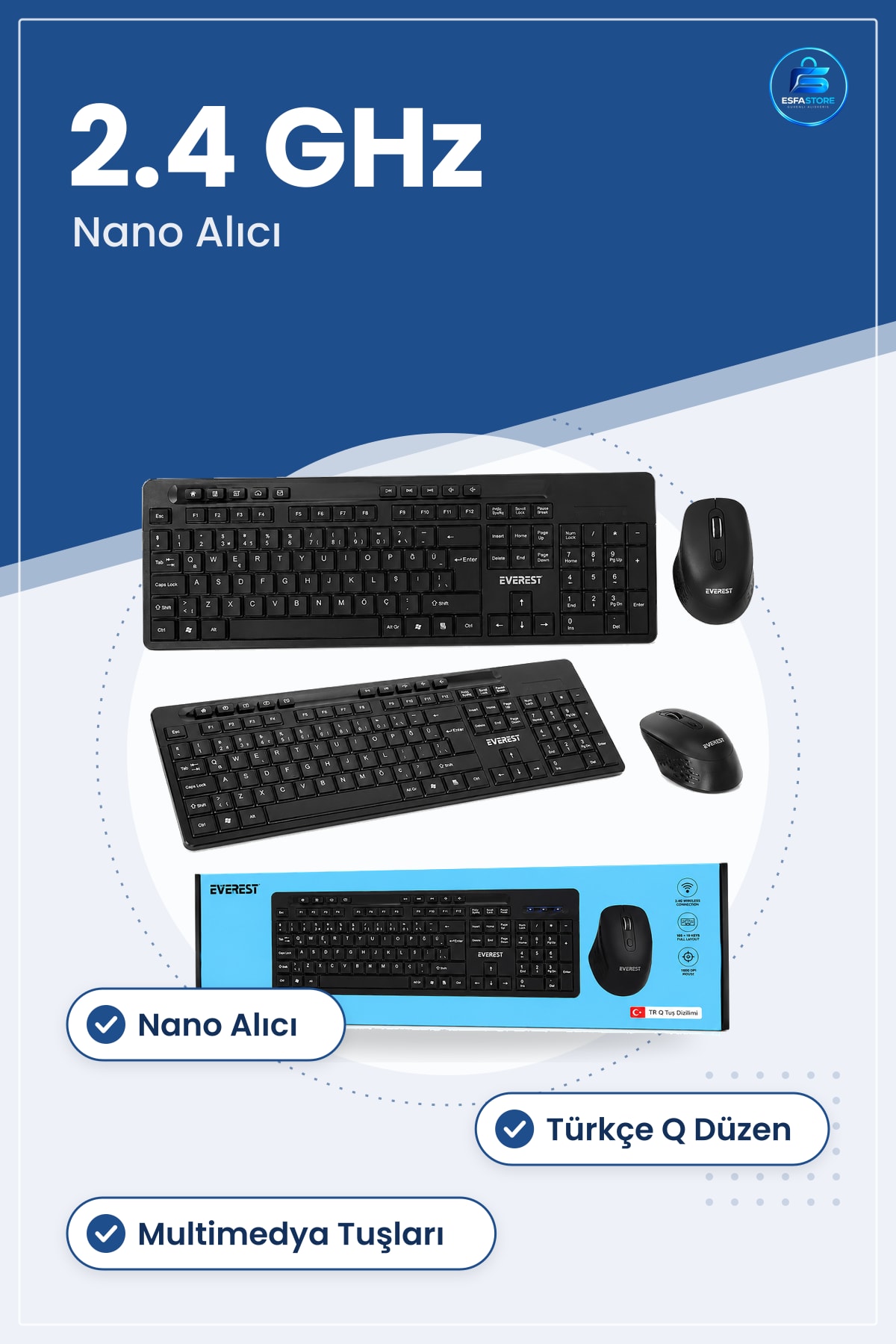 Mouse Klavye Seti Kablosuz Multimedya Siyah Q Düzen 2.4 GHz Nano Alıcı Tak Çalıştır Ev Ofis