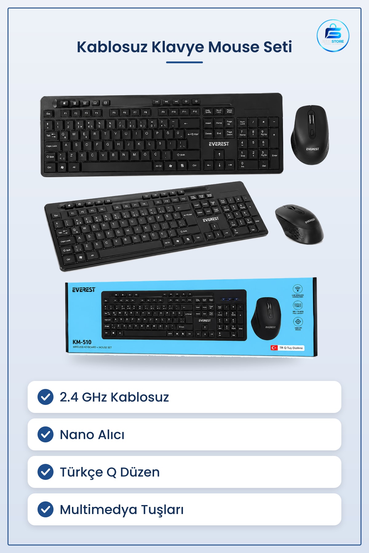 Mouse Klavye Seti Kablosuz Multimedya Siyah Q Düzen 2.4 GHz Nano Alıcı Tak Çalıştır Ev Ofis