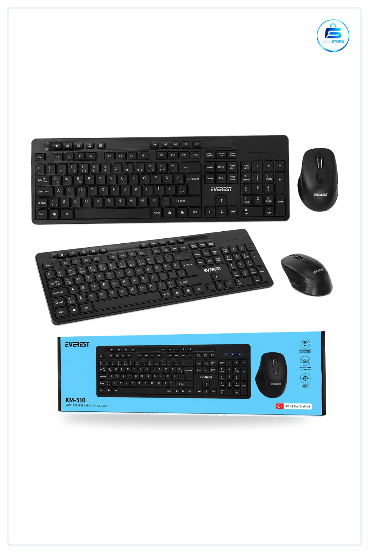 Mouse Klavye Seti Kablosuz Multimedya Siyah Q Düzen 2.4 GHz Nano Alıcı Tak Çalıştır Ev Ofis