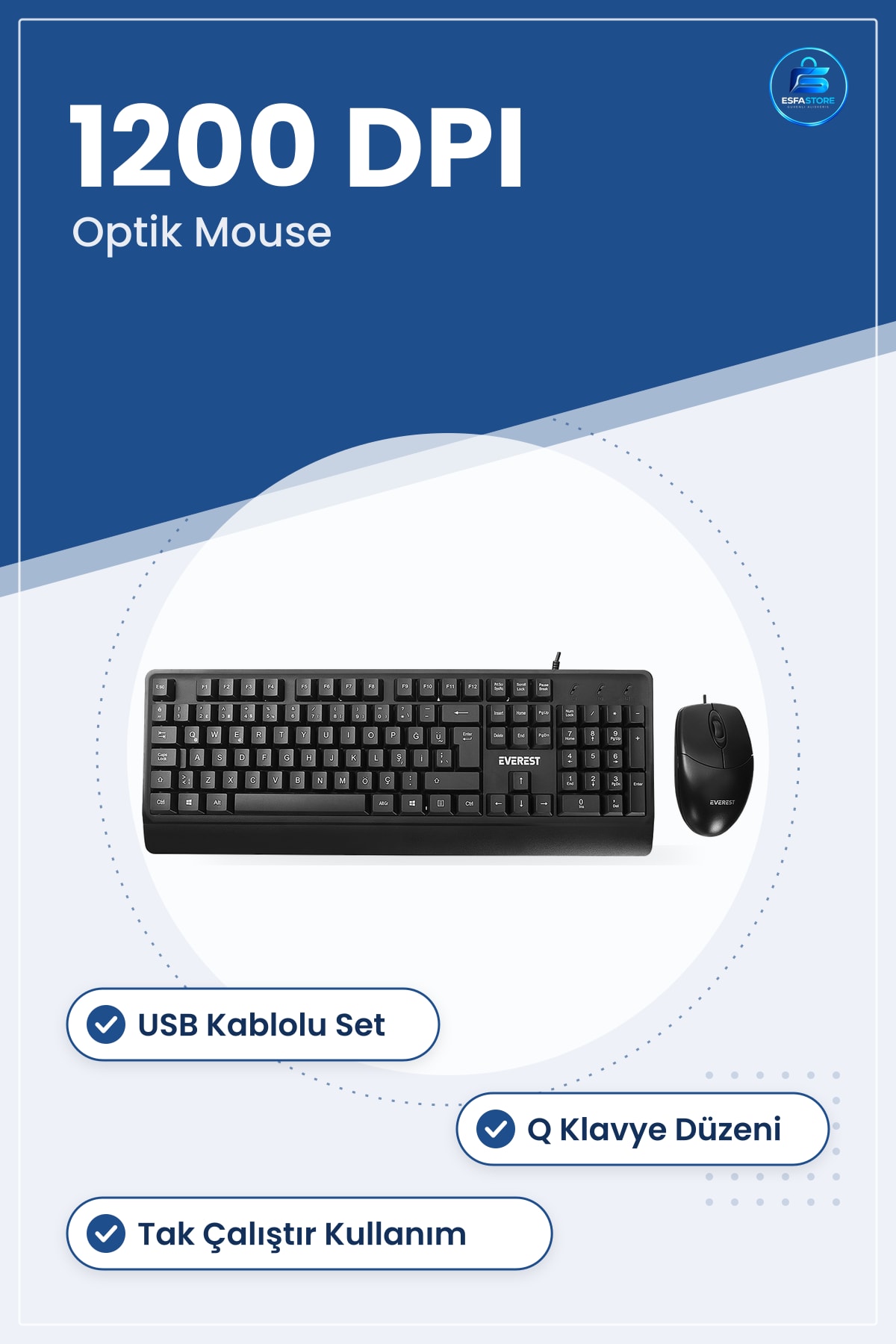 Klavye Mouse Set USB Kablolu Q Düzen DPI Optik Sensörlü Ev Ofis Tak Çalıştır Türkçe
