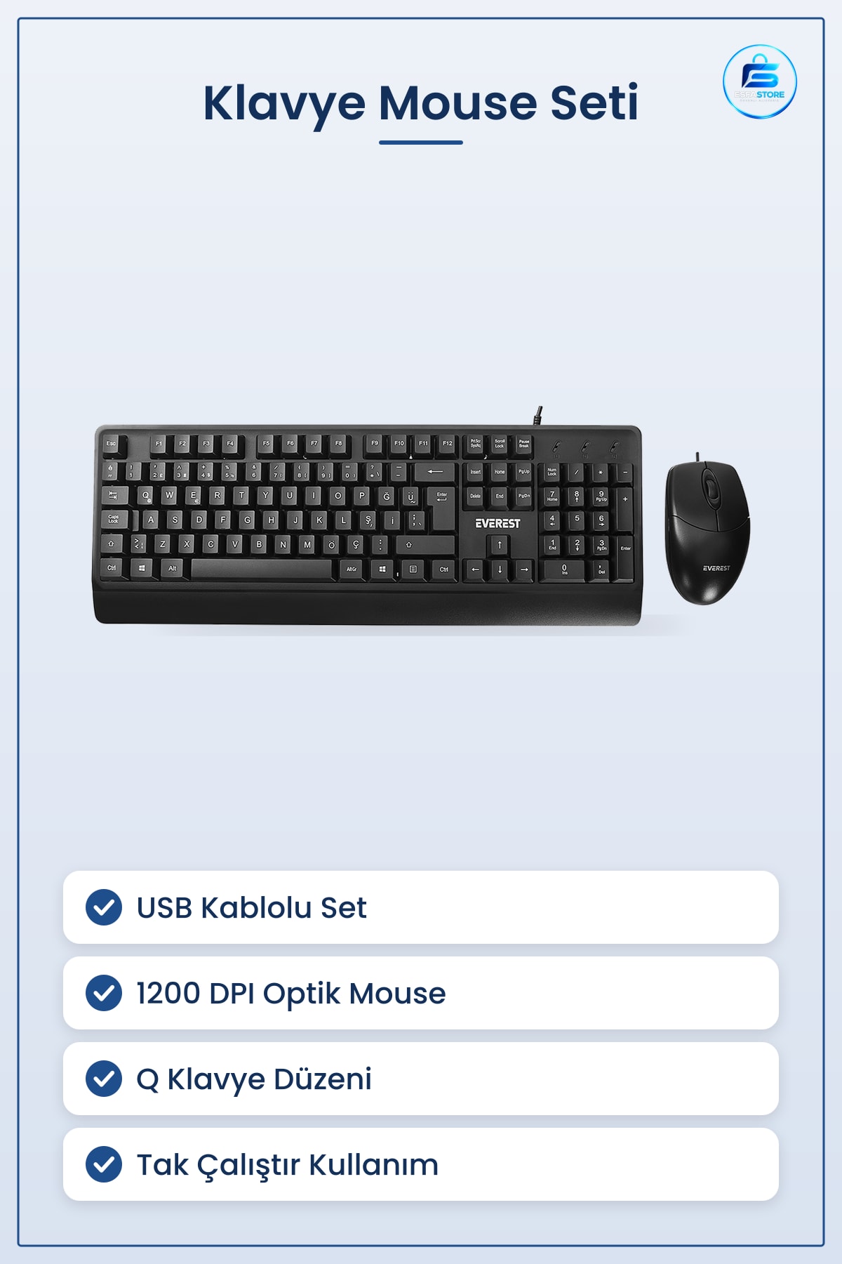 Klavye Mouse Set USB Kablolu Q Düzen DPI Optik Sensörlü Ev Ofis Tak Çalıştır Türkçe