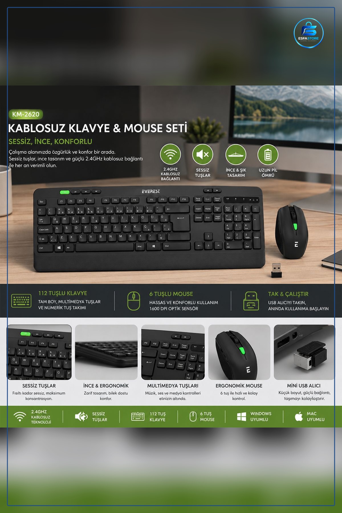 Klavye Mouse Seti Kablosuz USB Sessiz Türkçe Q Nano Alıcılı Ev Ofis Bilgisayar Uyumlu Ergonomik