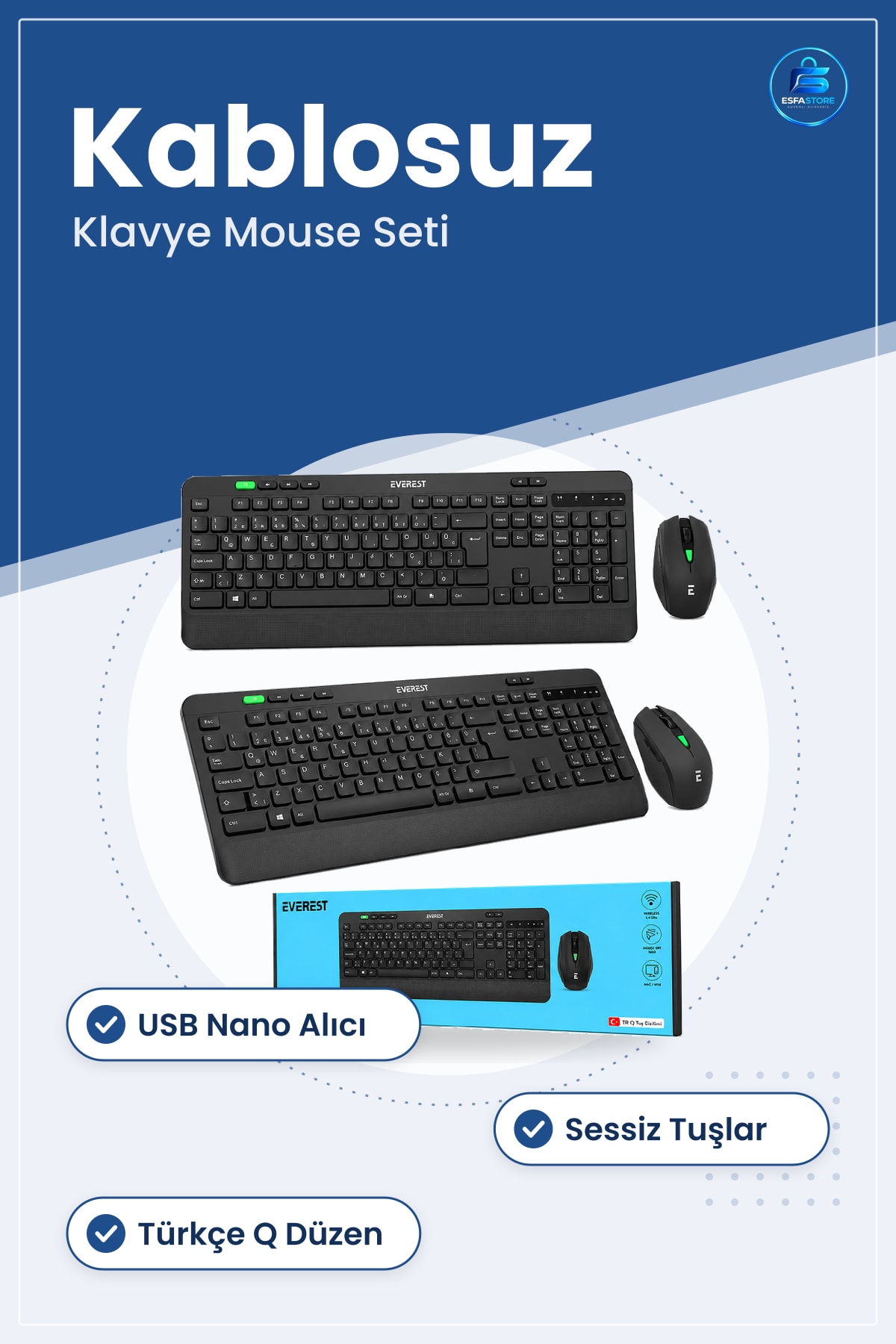 Klavye Mouse Seti Kablosuz USB Sessiz Türkçe Q Nano Alıcılı Ev Ofis Bilgisayar Uyumlu Ergonomik