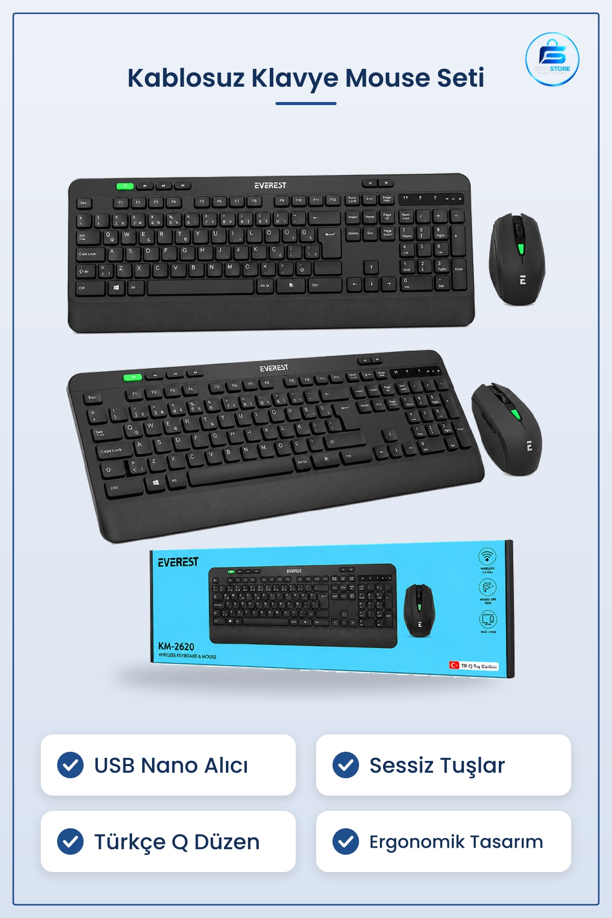 Klavye Mouse Seti Kablosuz USB Sessiz Türkçe Q Nano Alıcılı Ev Ofis Bilgisayar Uyumlu Ergonomik