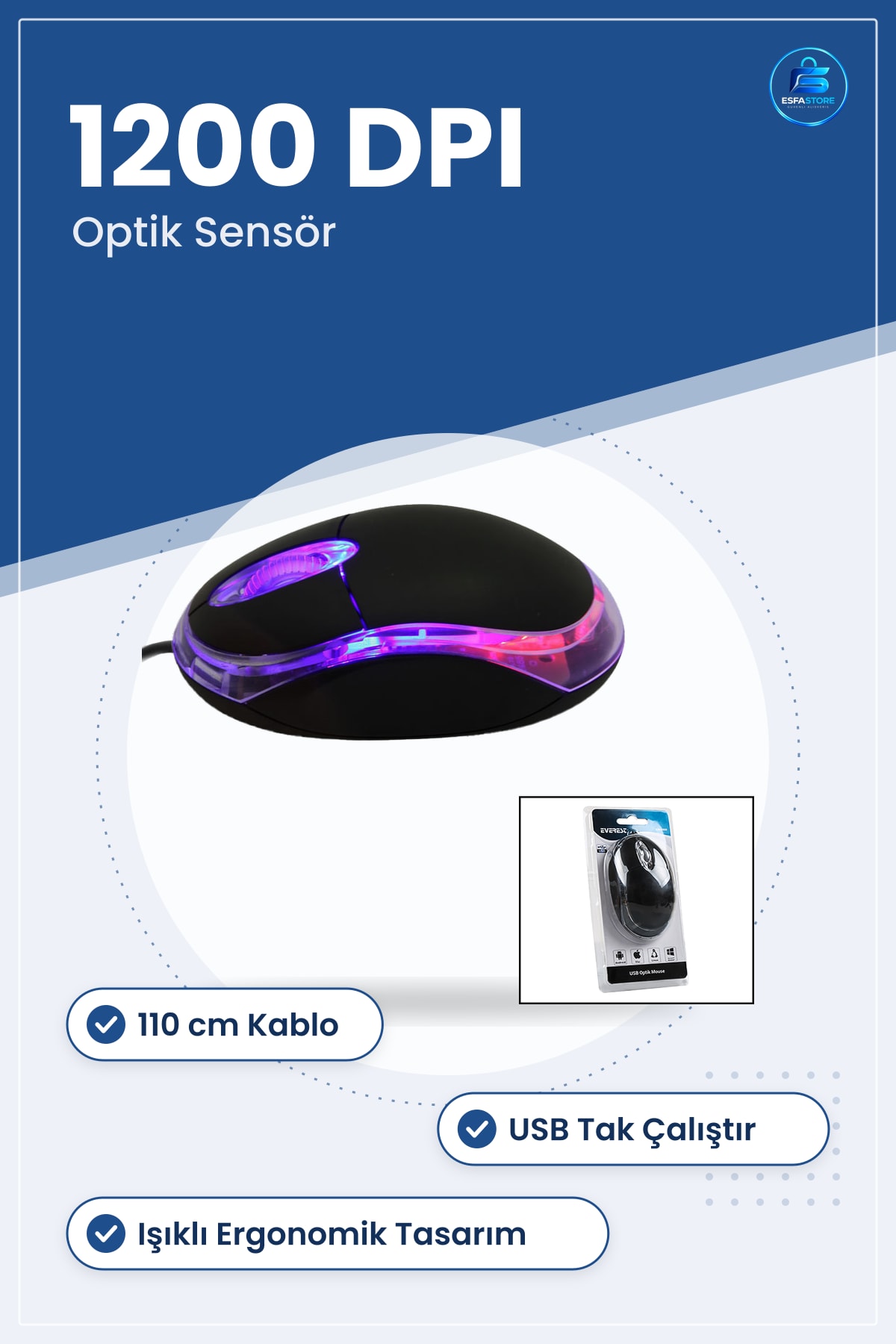 Kablolu Optik Mouse DPI Siyah USB 110 cm Işıklı Ergonomik Bilgisayar Laptop Ofis Okul