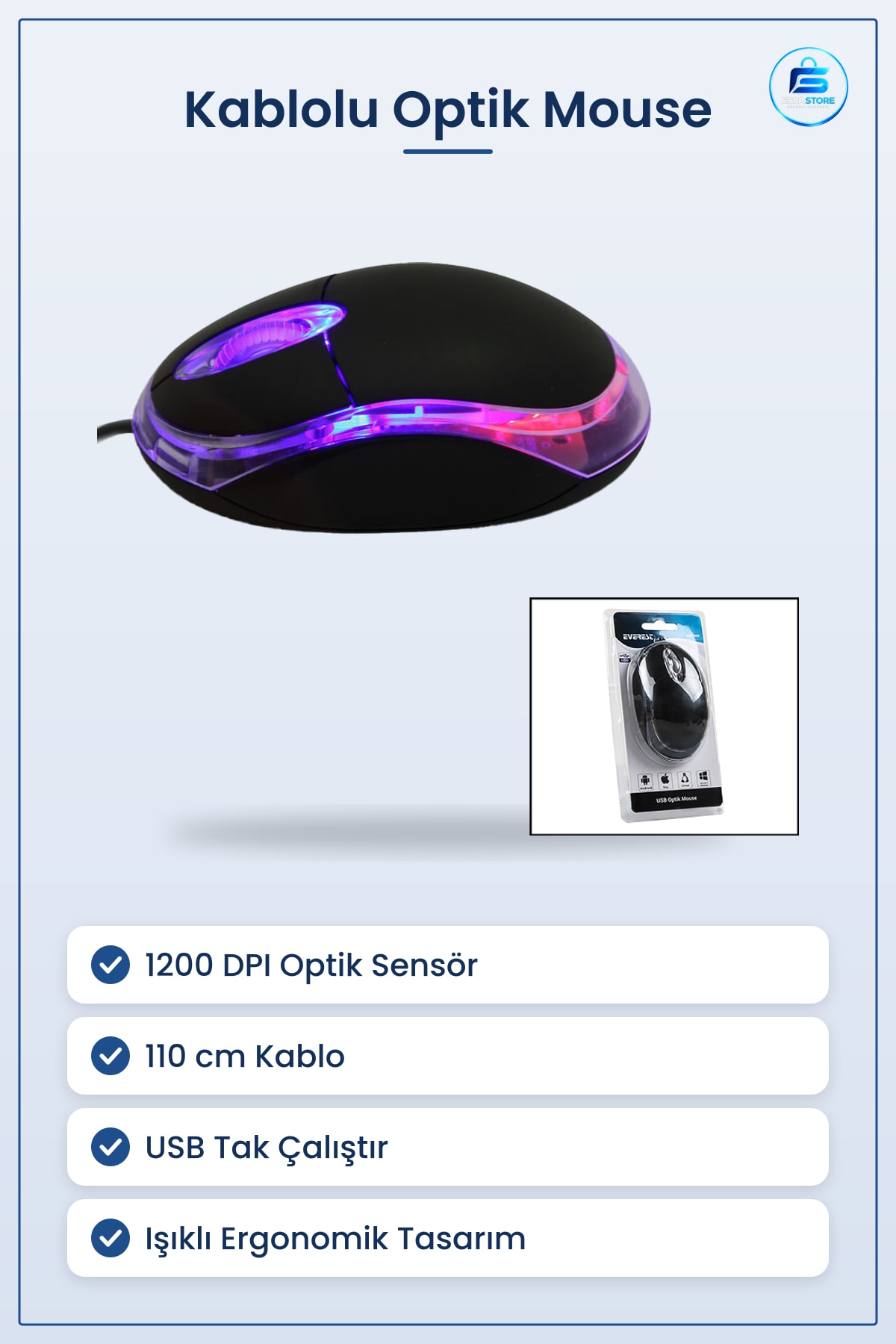 Kablolu Optik Mouse DPI Siyah USB 110 cm Işıklı Ergonomik Bilgisayar Laptop Ofis Okul