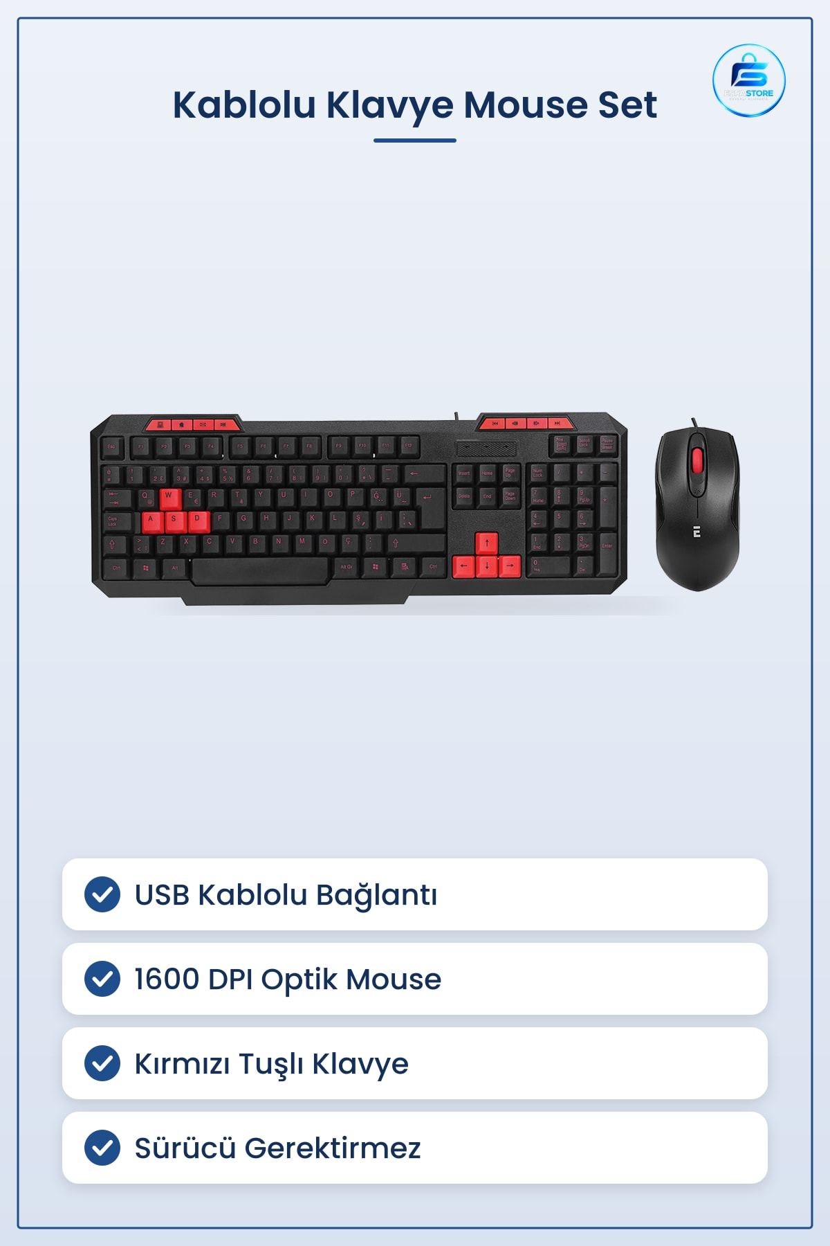 USB Kablolu Klavye Mouse Set Kırmızı Tuşlu DPI Optik Ofis Ev Eğitim Tak Çalıştır
