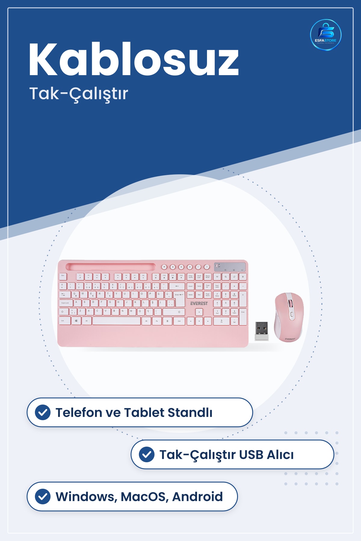 Klavye Mouse Set Kablosuz Telefon ve Tablet Standlı Beyaz Pembe Ofis Ev Bilgisayar