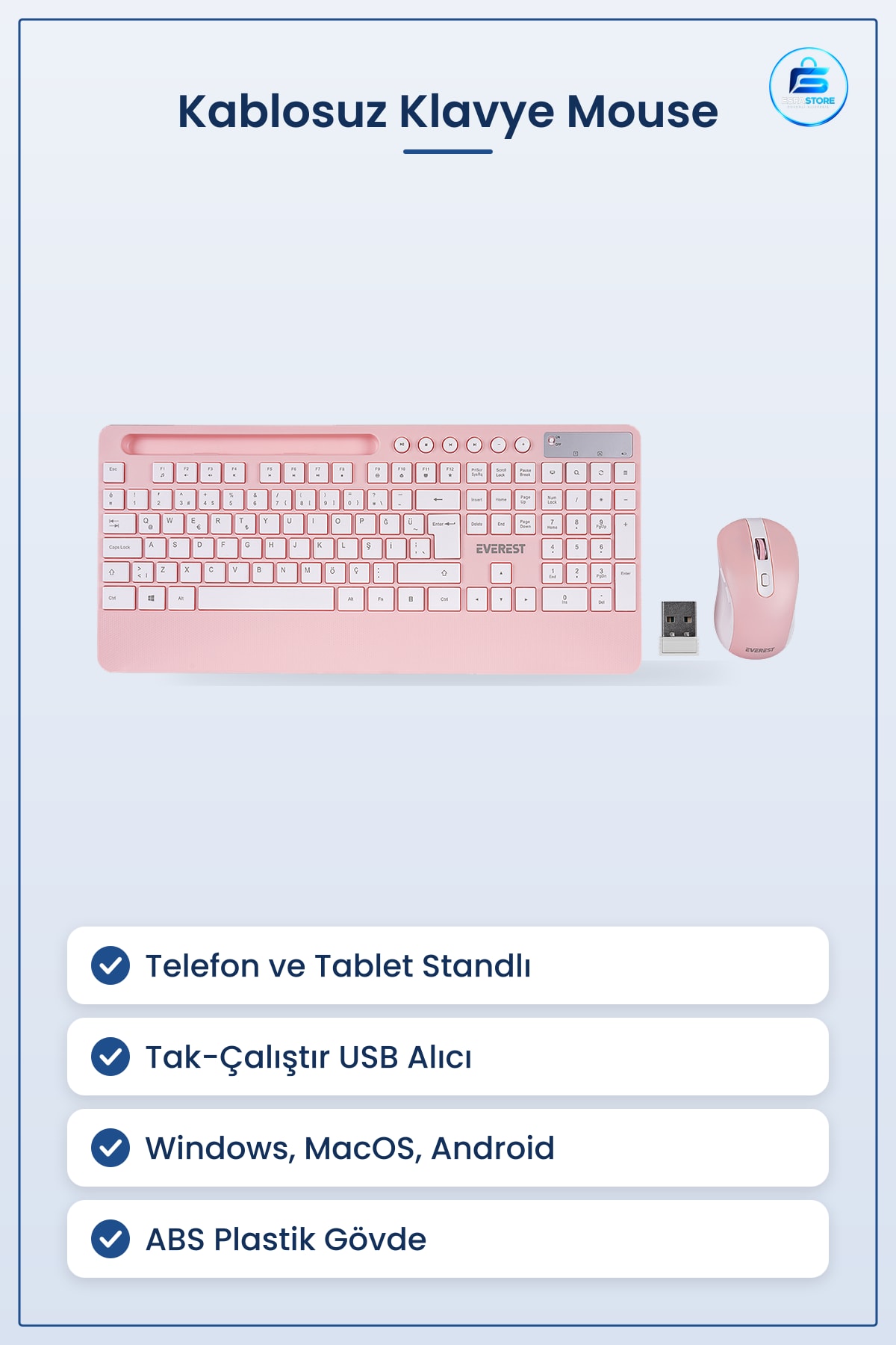 Klavye Mouse Set Kablosuz Telefon ve Tablet Standlı Beyaz Pembe Ofis Ev Bilgisayar
