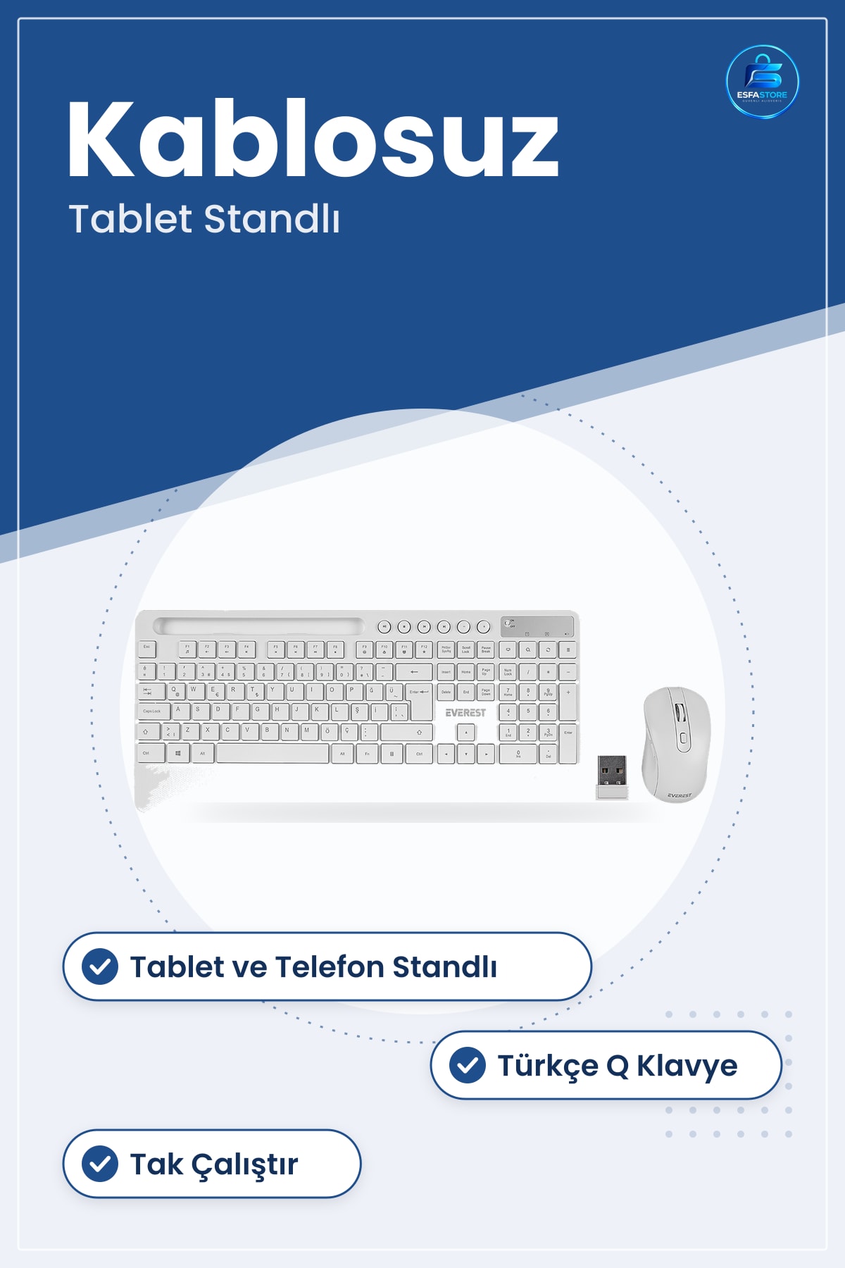 Mouse Klavye Seti Kablosuz Tablet Telefon Standlı Beyaz Q Düzen Tak Çalıştır Ev Ofis Türkçe