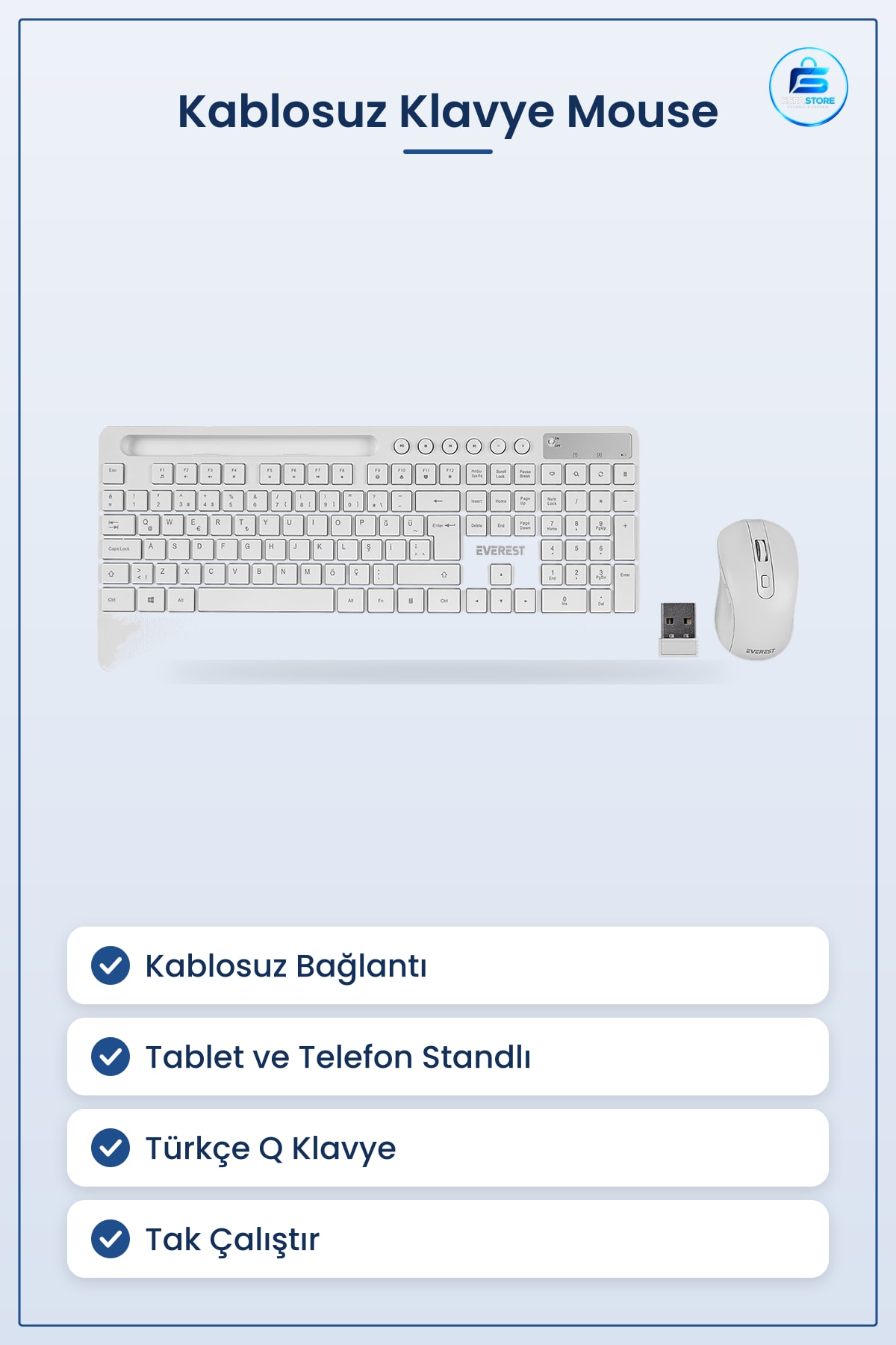 Mouse Klavye Seti Kablosuz Tablet Telefon Standlı Beyaz Q Düzen Tak Çalıştır Ev Ofis Türkçe