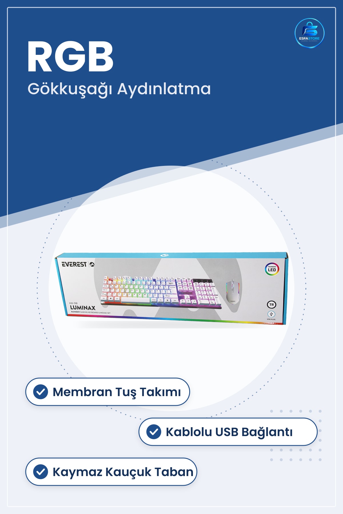 Kablolu USB Oyuncu Klavye Mouse Seti Beyaz RGB Işıklı Mekanik Hissi Membran Tuş Ofis Oyun
