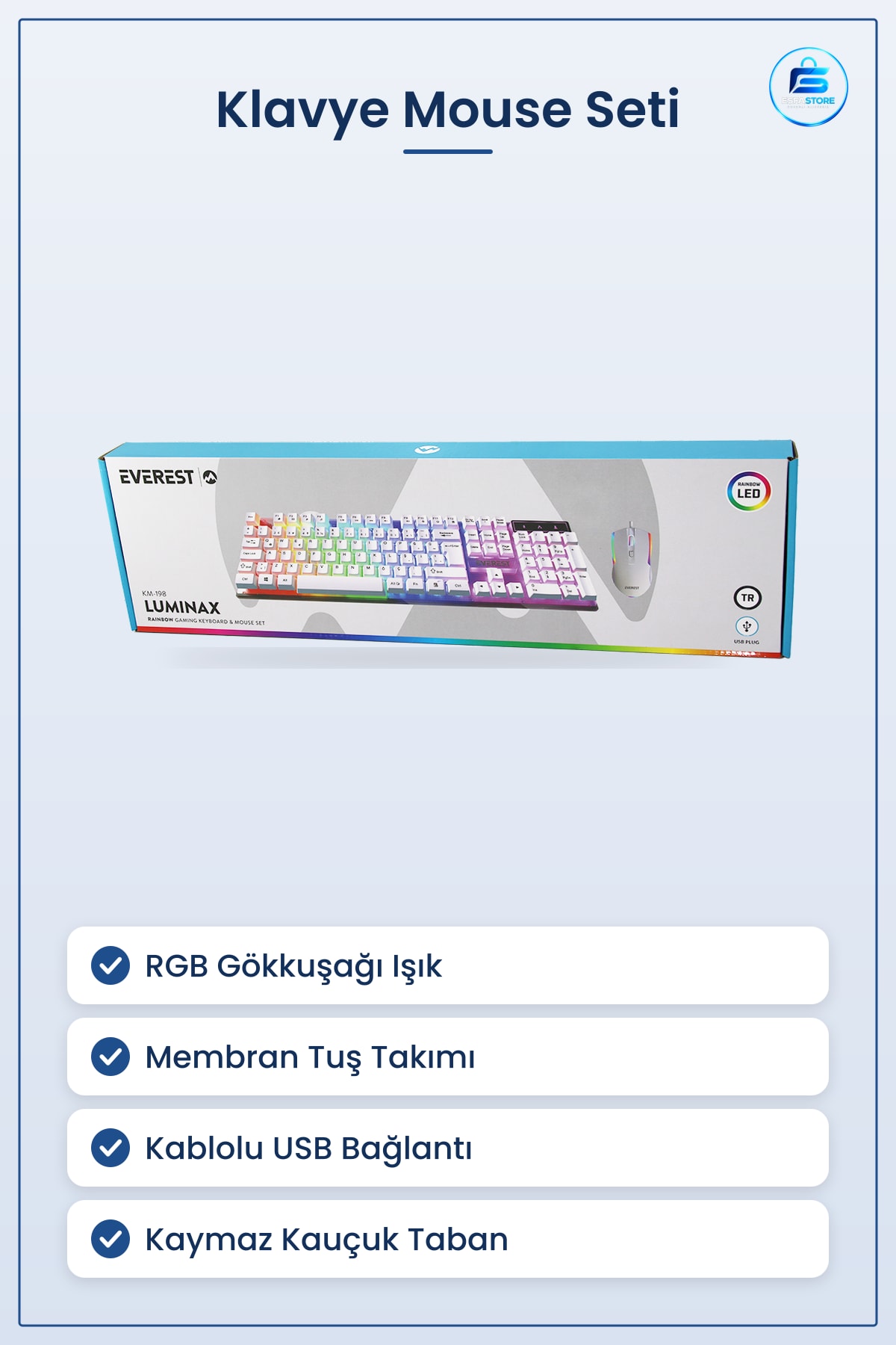 Kablolu USB Oyuncu Klavye Mouse Seti Beyaz RGB Işıklı Mekanik Hissi Membran Tuş Ofis Oyun