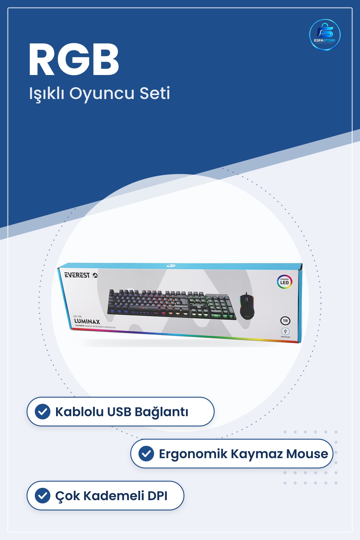 Kablolu RGB Oyuncu Klavye Mouse Seti Siyah USB Bağlantılı Işıklı Oyun Ofis Bilgisayarı