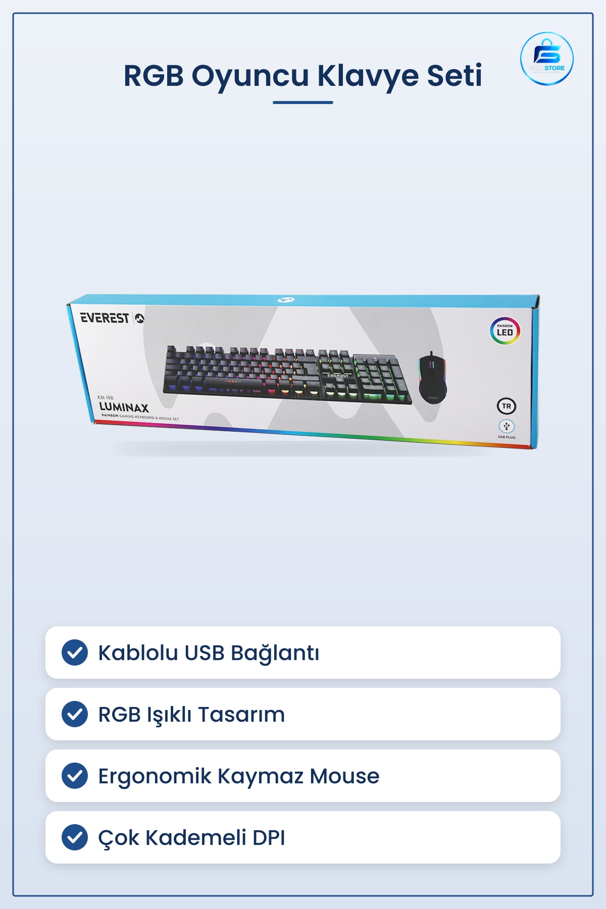 Kablolu RGB Oyuncu Klavye Mouse Seti Siyah USB Bağlantılı Işıklı Oyun Ofis Bilgisayarı
