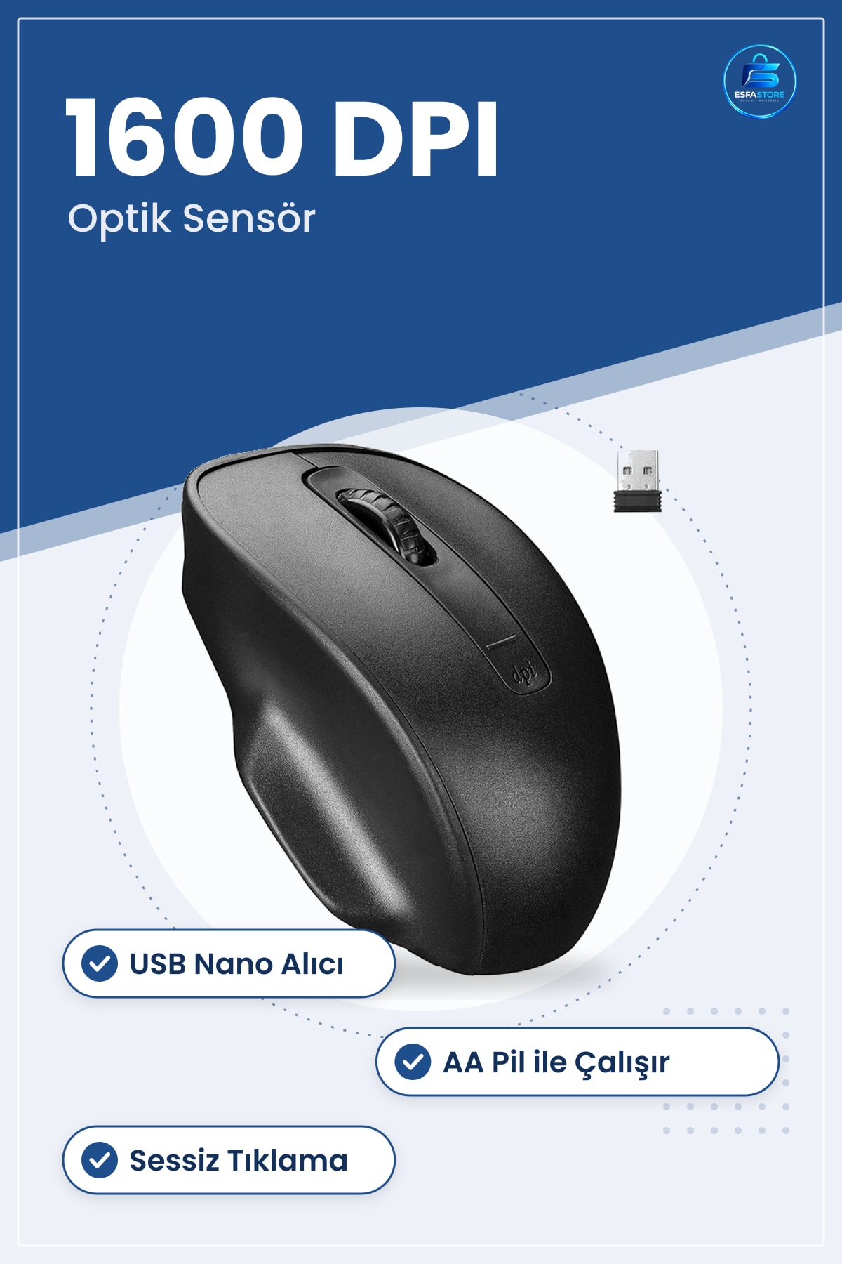 Kablosuz Optik Mouse DPI USB Alıcılı AA Pil Ofis Bilgisayar Sessiz Tıklama Ergonomik