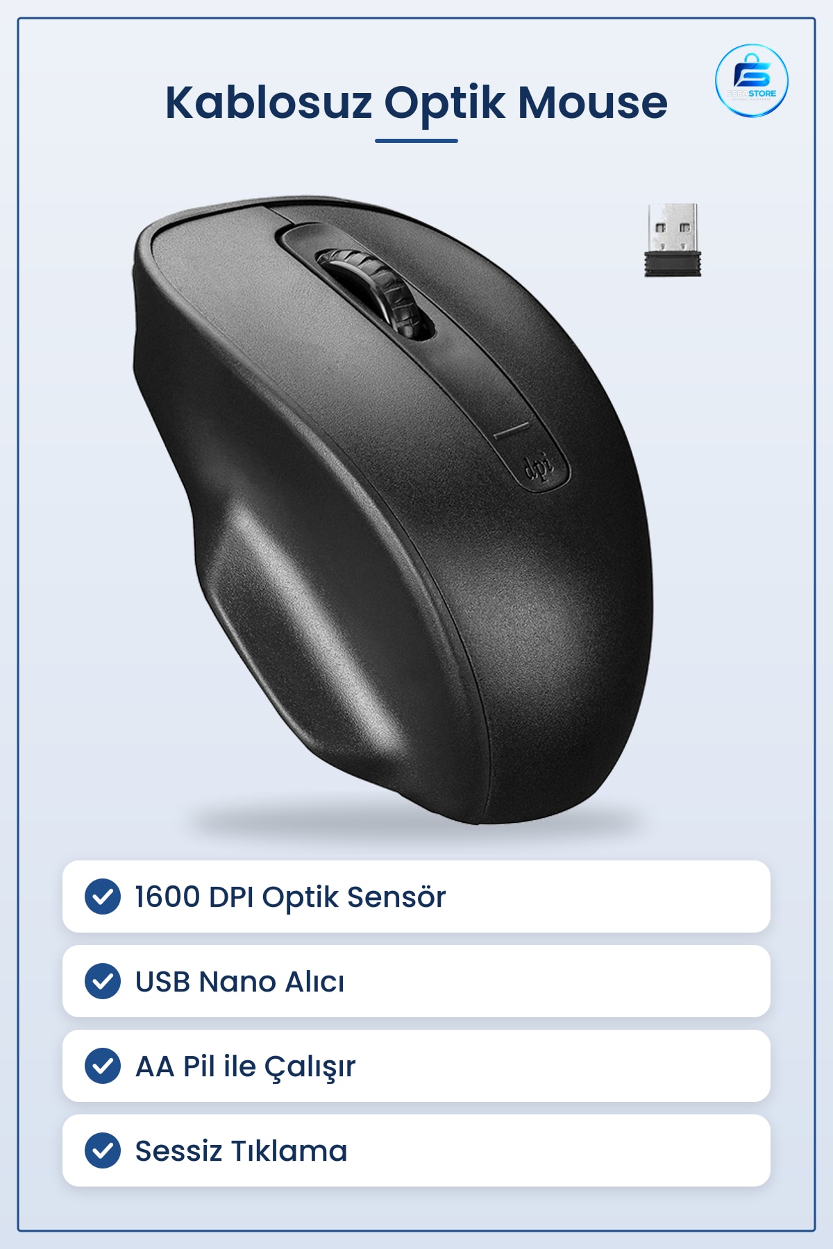 Kablosuz Optik Mouse DPI USB Alıcılı AA Pil Ofis Bilgisayar Sessiz Tıklama Ergonomik