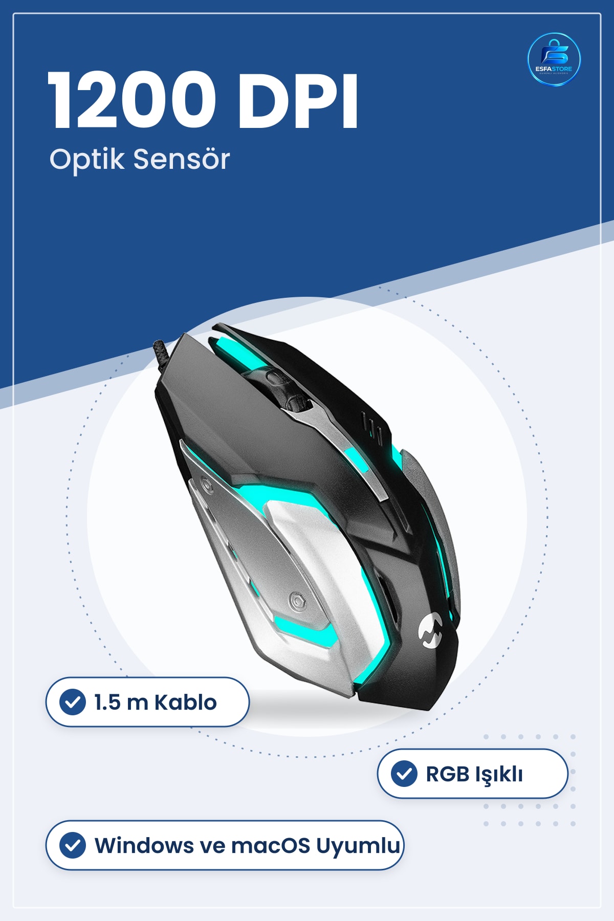 Mouse Kablolu Oyuncu RGB DPI 1.5m USB Işıklı Ergonomik Dizüstü Masaüstü Bilgisayar