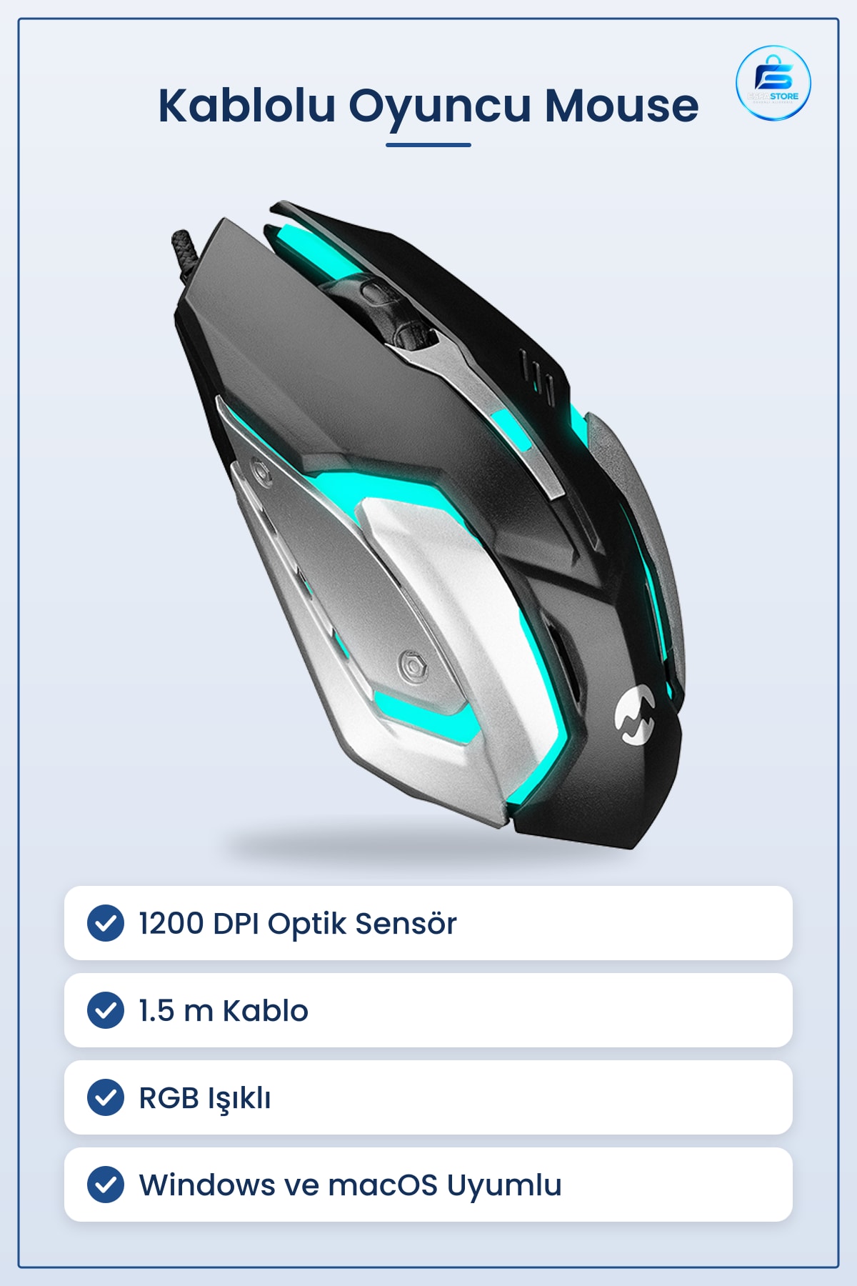 Mouse Kablolu Oyuncu RGB DPI 1.5m USB Işıklı Ergonomik Dizüstü Masaüstü Bilgisayar