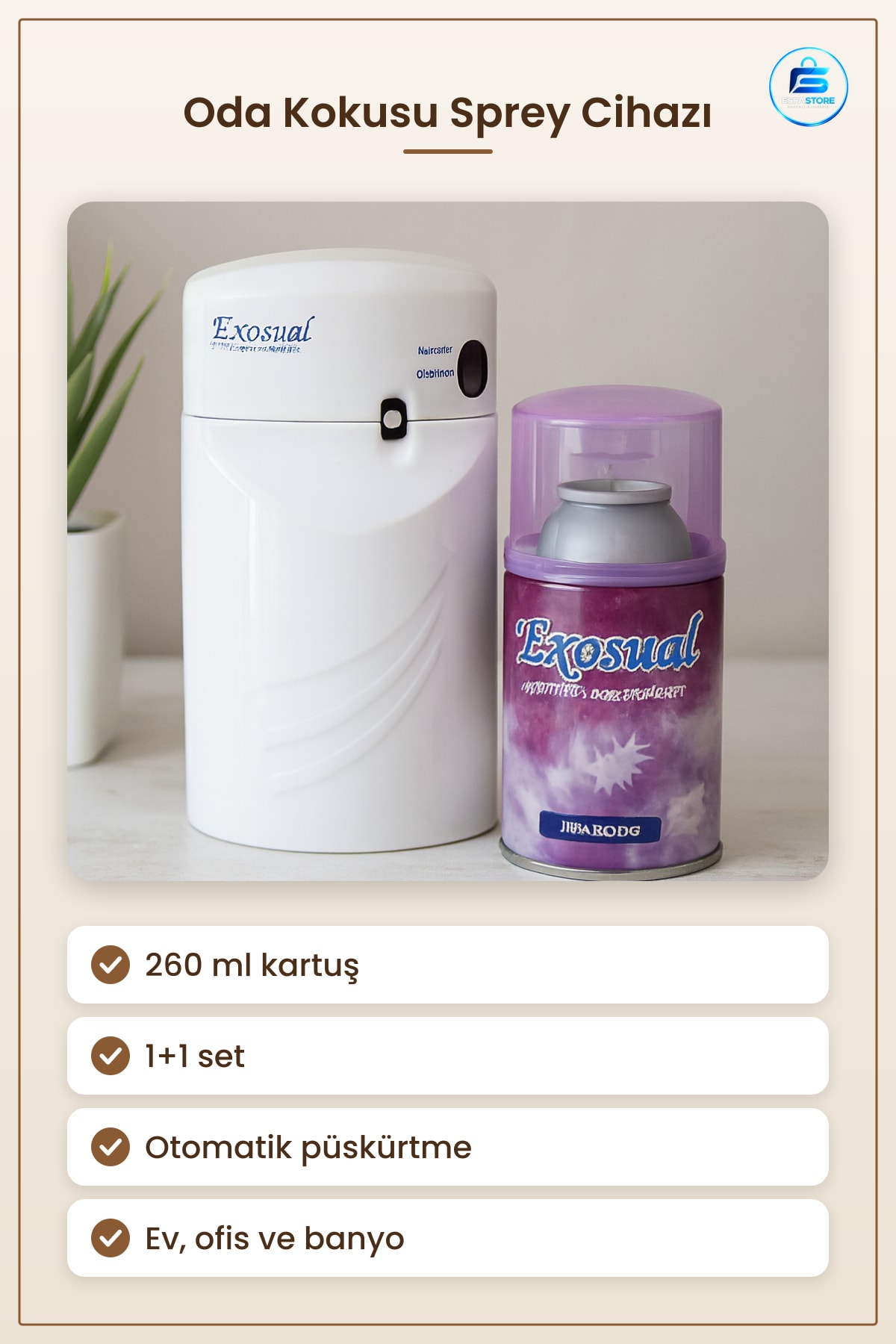 Otomatik Oda Kokusu Sprey Cihazı 260 ml 1+1 Set Ev Ofis ve Banyo Kullanımına Uygun
