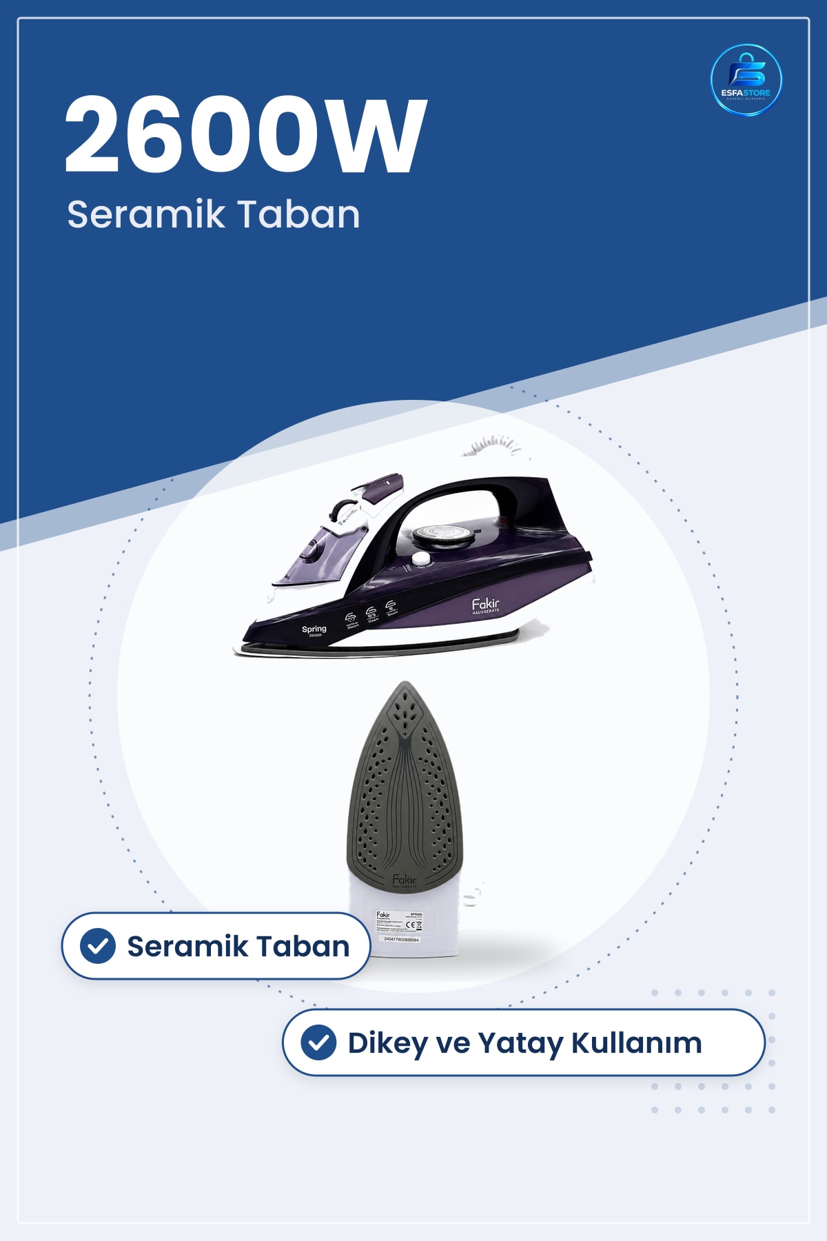Buharlı Ütü 2600W Seramik Taban Mor Dikey ve Yatay Kullanım Kırışıklık Giderici Ev Kullanımı