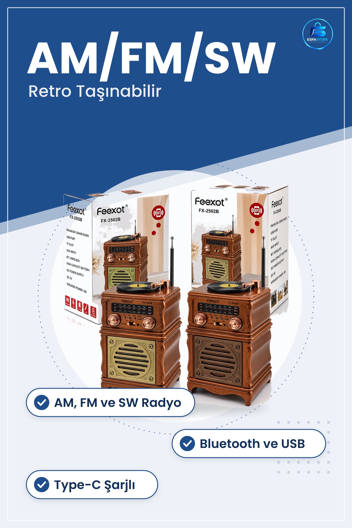 Nostaljik Radyo Hoparlör AM FM SW Bluetooth USB Type C Şarjlı Retro Taşınabilir Ev Ofis