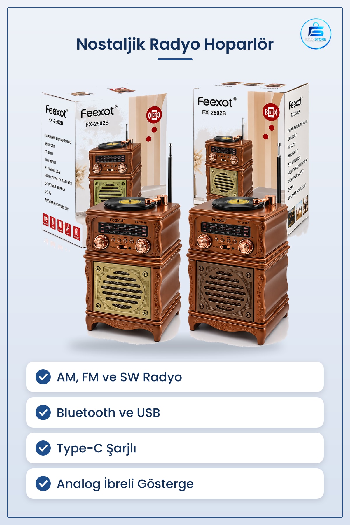 Nostaljik Radyo Hoparlör AM FM SW Bluetooth USB Type C Şarjlı Retro Taşınabilir Ev Ofis