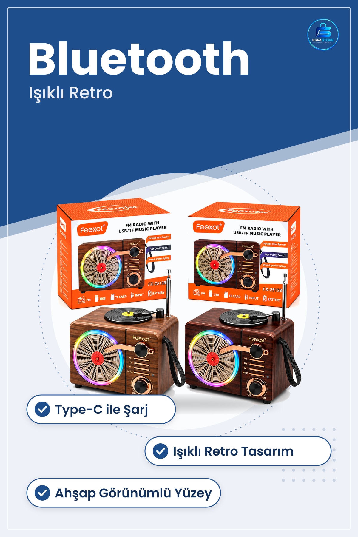 Işıklı Retro Bluetooth FM Radyo Hoparlör USB TF Kart Şarjlı Taşınabilir Ahşap Görünümlü Ses Kutusu