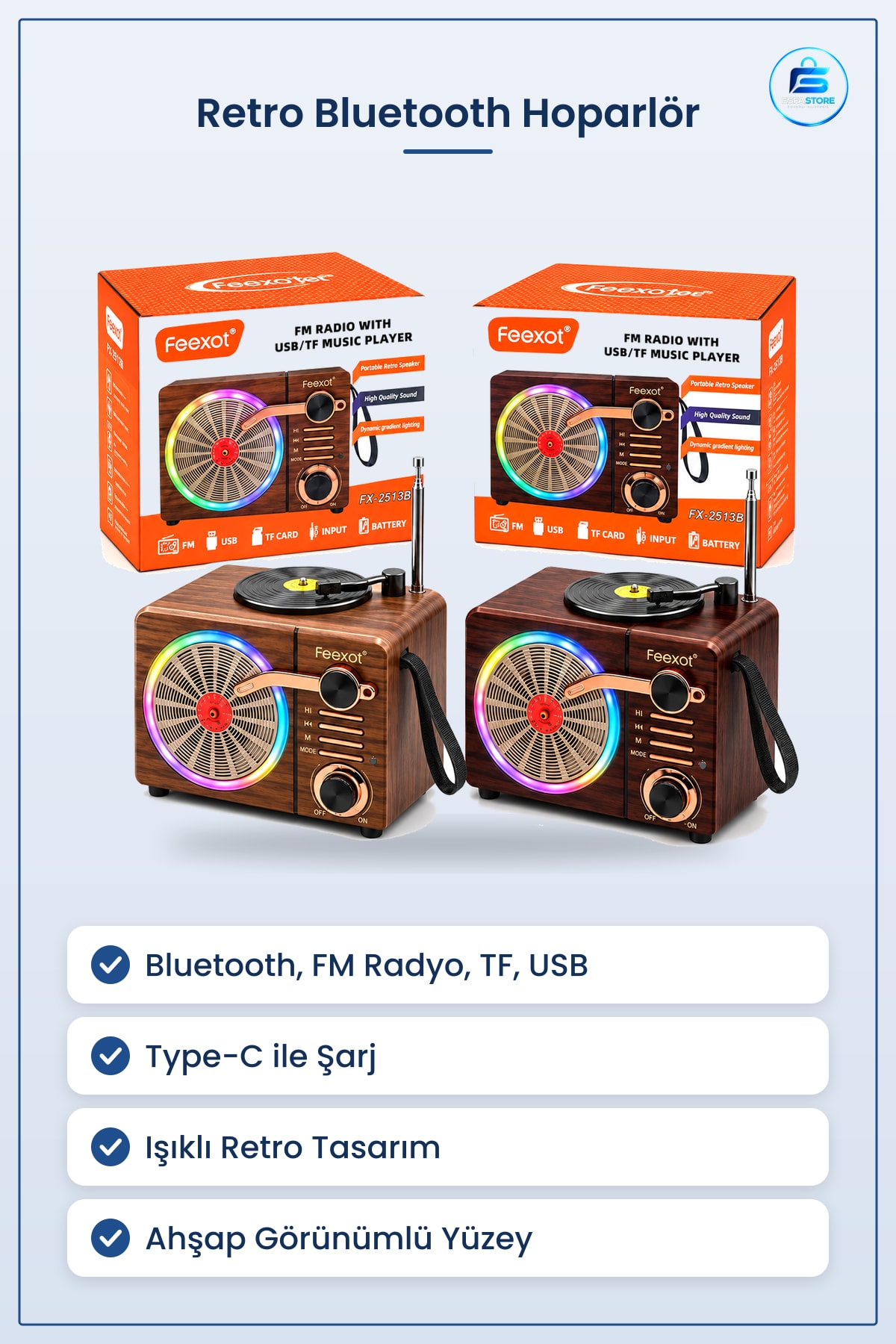 Işıklı Retro Bluetooth FM Radyo Hoparlör USB TF Kart Şarjlı Taşınabilir Ahşap Görünümlü Ses Kutusu