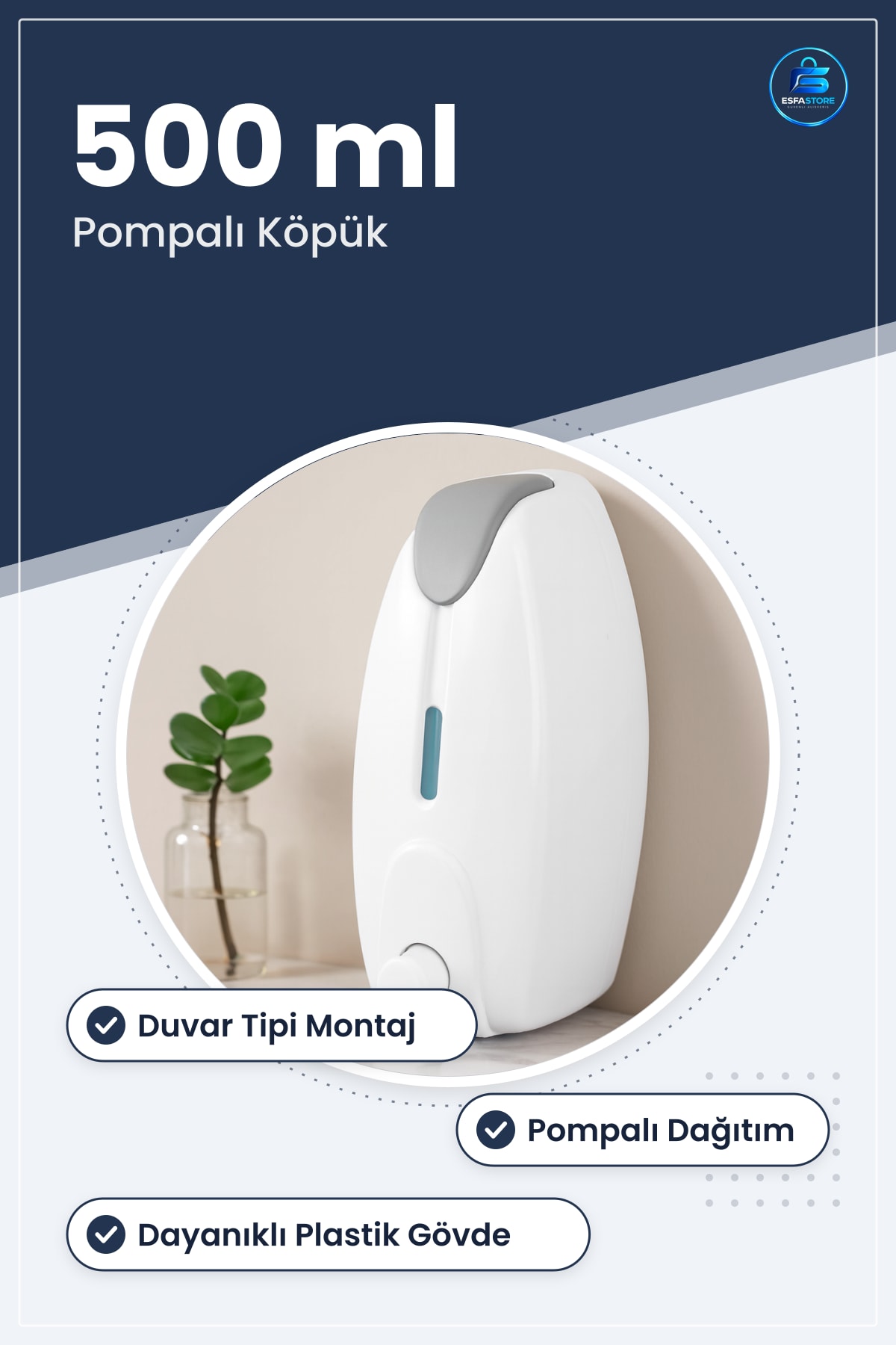 Sabunluk Köpük Dispenseri 500 ml Duvar Tipi Dayanıklı Plastik Paslanmaz Pompalı Banyo Mutfak Ofis