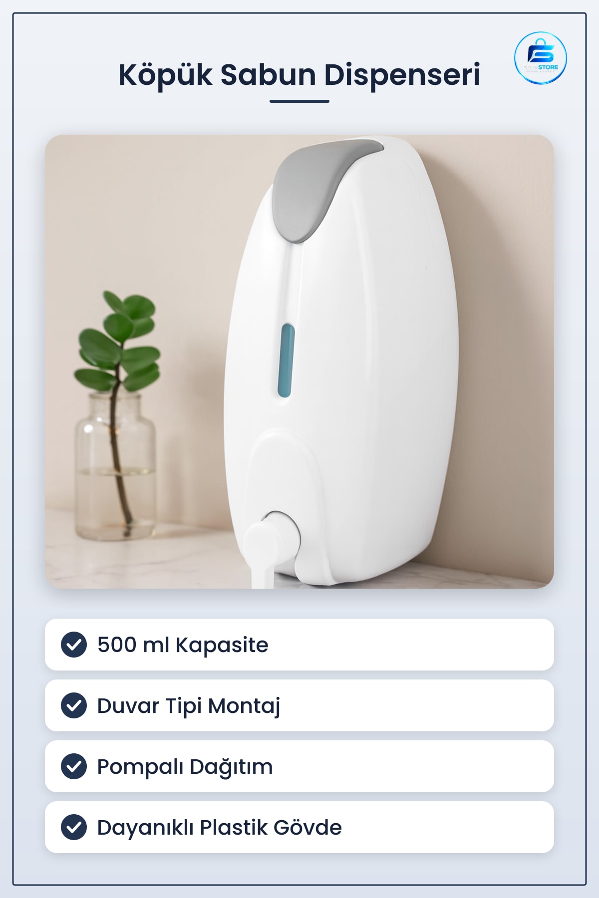 Sabunluk Köpük Dispenseri 500 ml Duvar Tipi Dayanıklı Plastik Paslanmaz Pompalı Banyo Mutfak Ofis