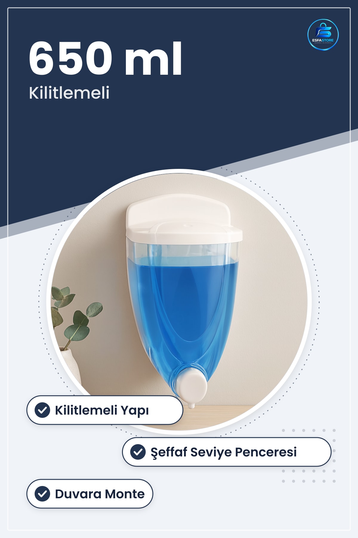 Sıvı Sabunluk Kilitlemeli 650 ml Duvara Monte Şeffaf Pompalı Banyo Tuvalet Dağıtıcı