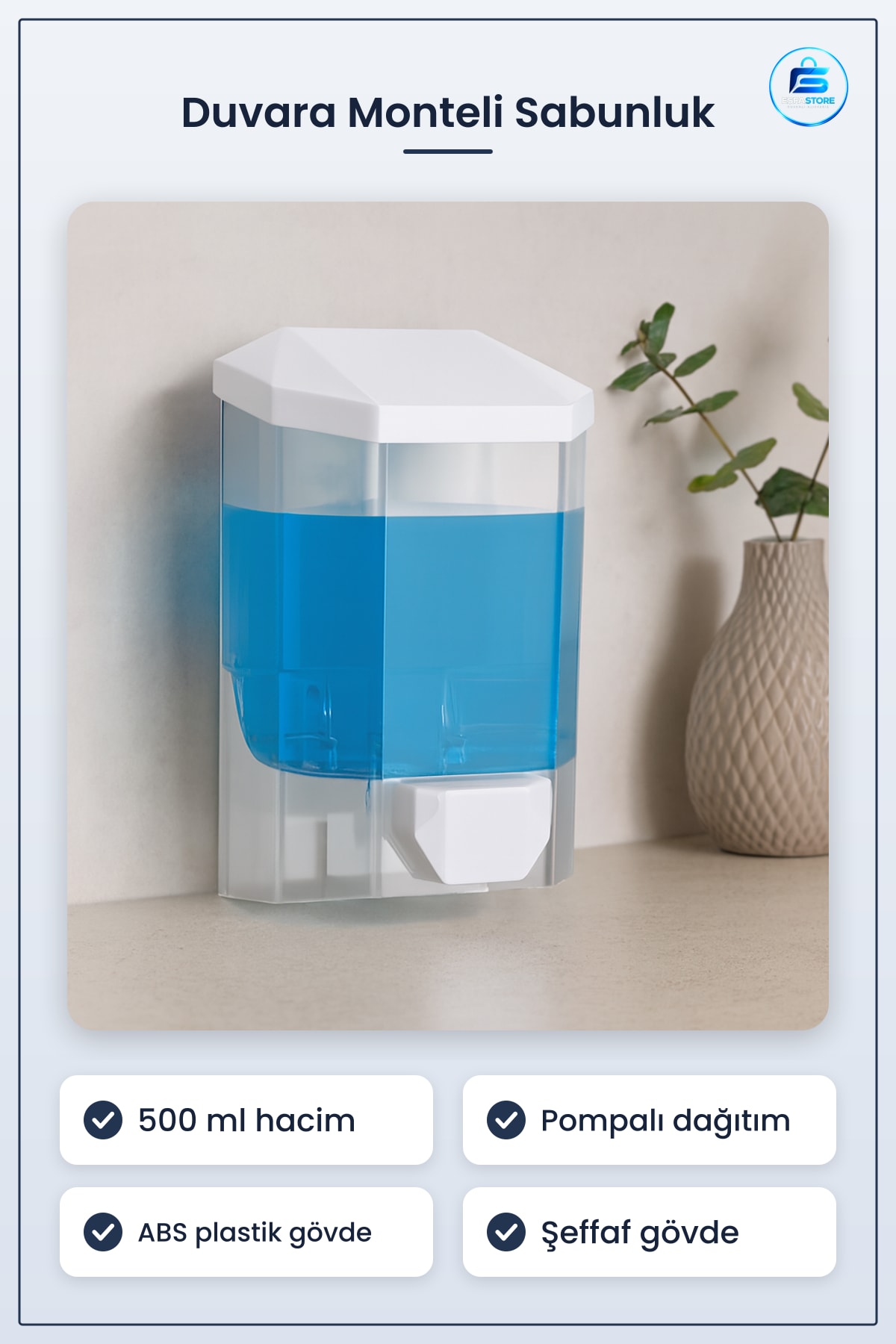 Duvara Monteli Sıvı Sabunluk 500 ml Banyo Restoran Pompalı Hijyenik Dezenfektan Dağıtıcı