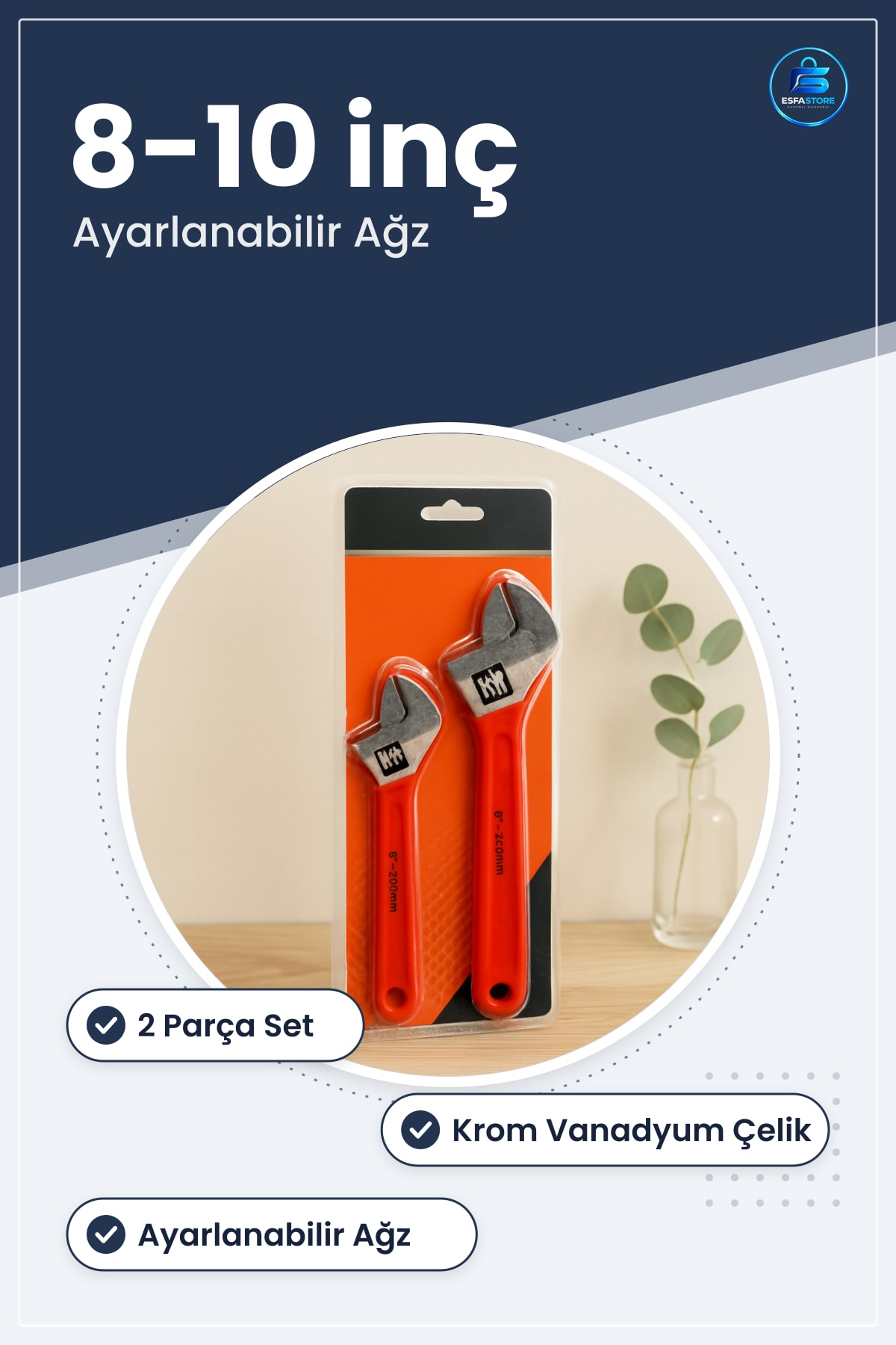 Kurbağacık Anahtar Seti 2 Parça 8 10 inç 250 mm Ayarlanabilir Krom Vanadyum Tesisat