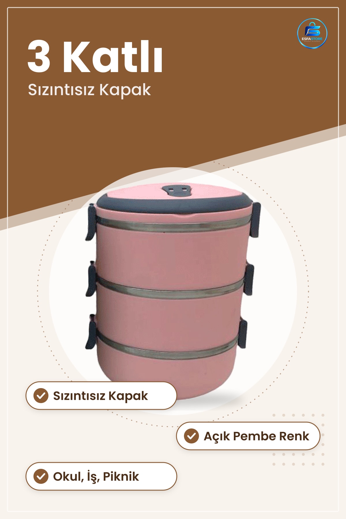 Sefer Tası 3 Katlı Açık Pembe Paslanmaz Kapaklı Yemek Taşıma Saklama Kabı Okul İş Piknik Yuvarlak