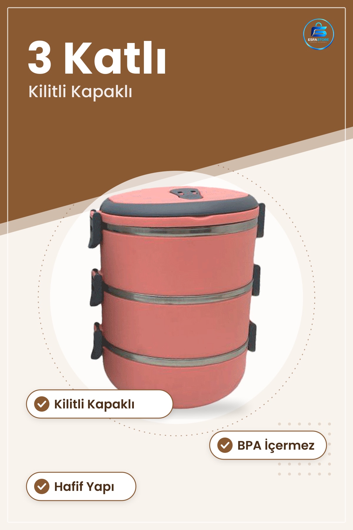 Saklama Kabı Koyu Pembe 3 Katlı Kilitli Kapaklı Sefer Tası Yemek Taşıma Piknik ve İş Yeri