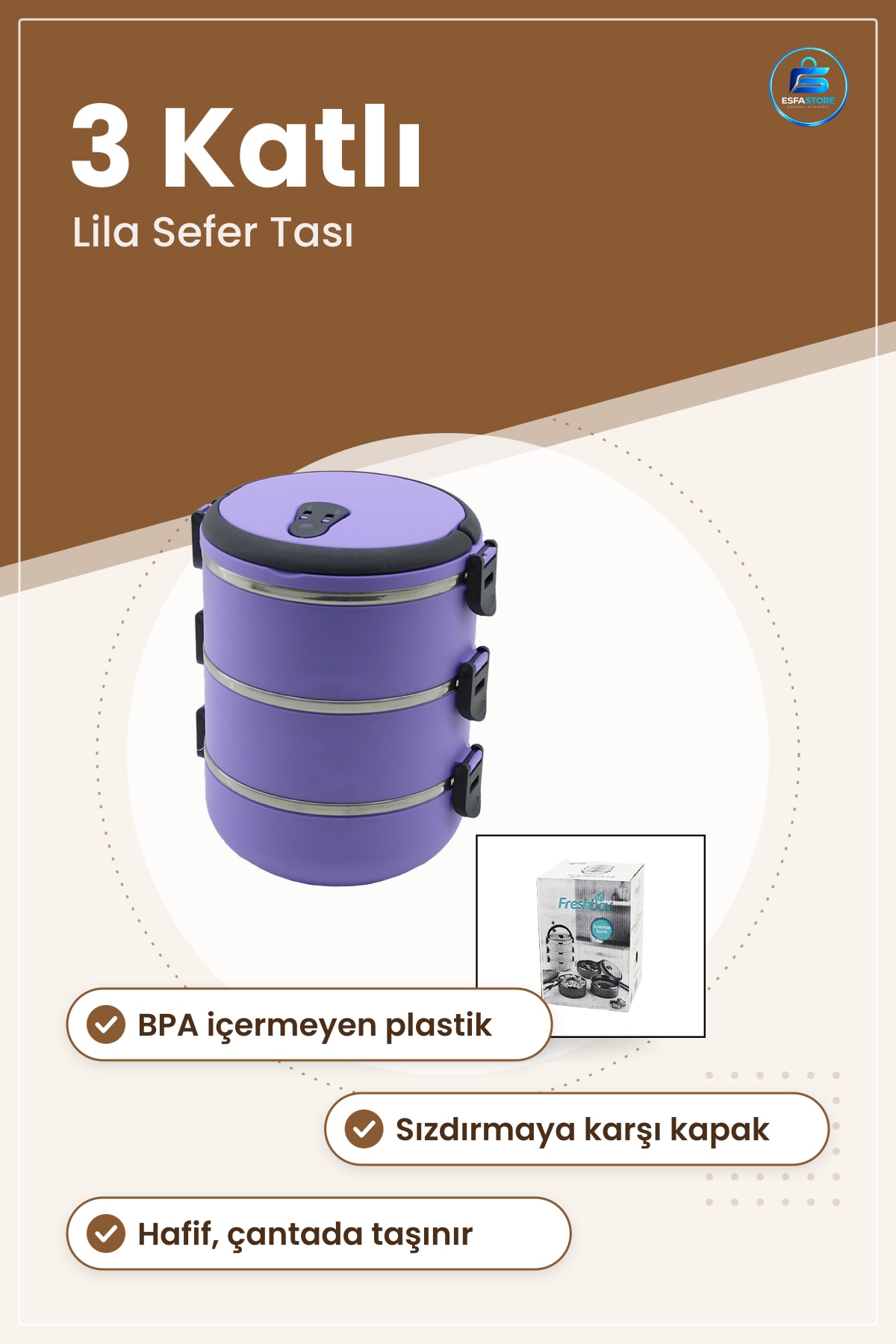 Sefer Tası Saklama Kabı Lila 3 Katlı BPA İçermeyen Yemek Taşıma Mutfak Beslenme Kutusu