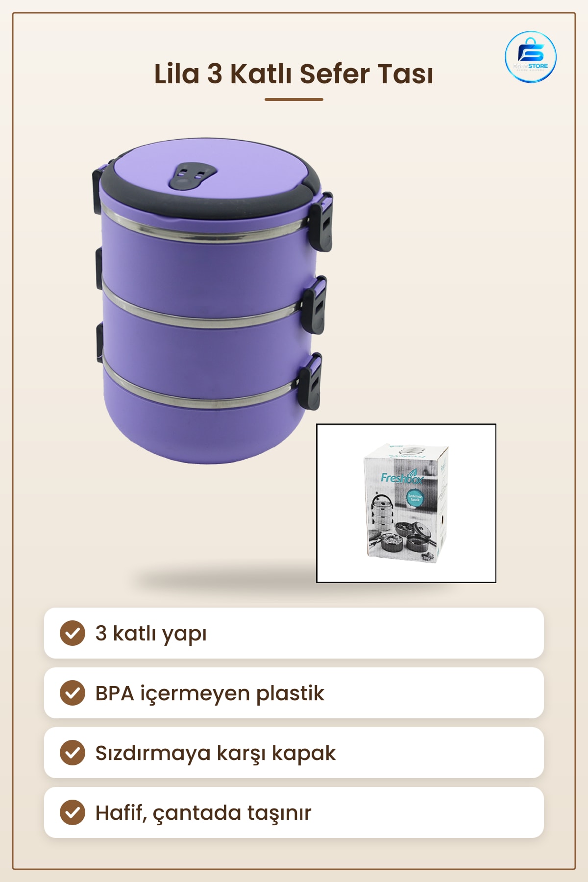Sefer Tası Saklama Kabı Lila 3 Katlı BPA İçermeyen Yemek Taşıma Mutfak Beslenme Kutusu