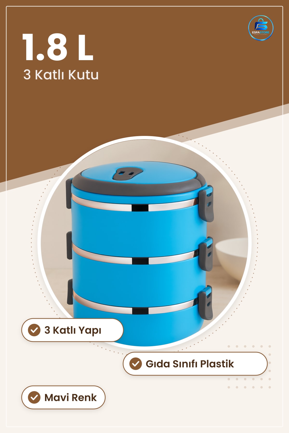 Sefer Tası Saklama Kabı 1.8L Mavi 3 Katlı Yemek Taşıma Öğle Yemeği Piknik Kutusu Gıda Sınıfı