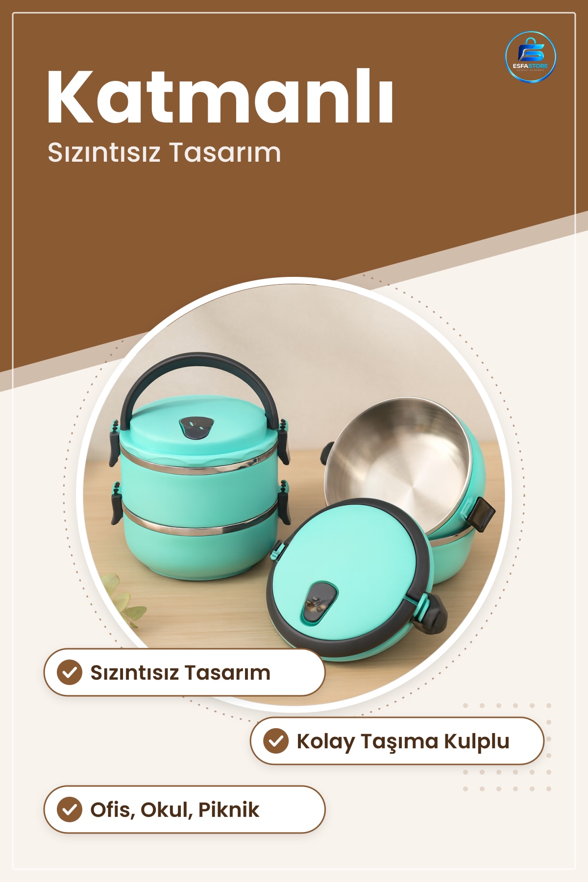Turkuaz Sefer Tası Saklama Kabı Katmanlı Yemek Taşıma Sızdırmaz Mutfak Ofis Okul Piknik