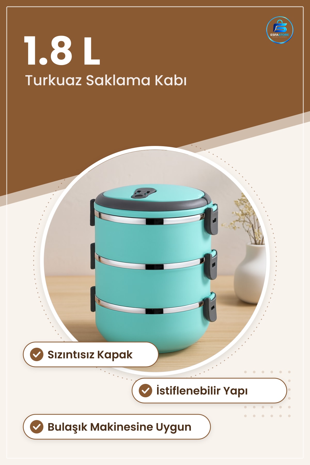 Sefer Tası 1.8L Turkuaz Saklama Kabı Yemek Taşıma Sızıntısız Kapaklı İstiflenebilir Okul İş Piknik