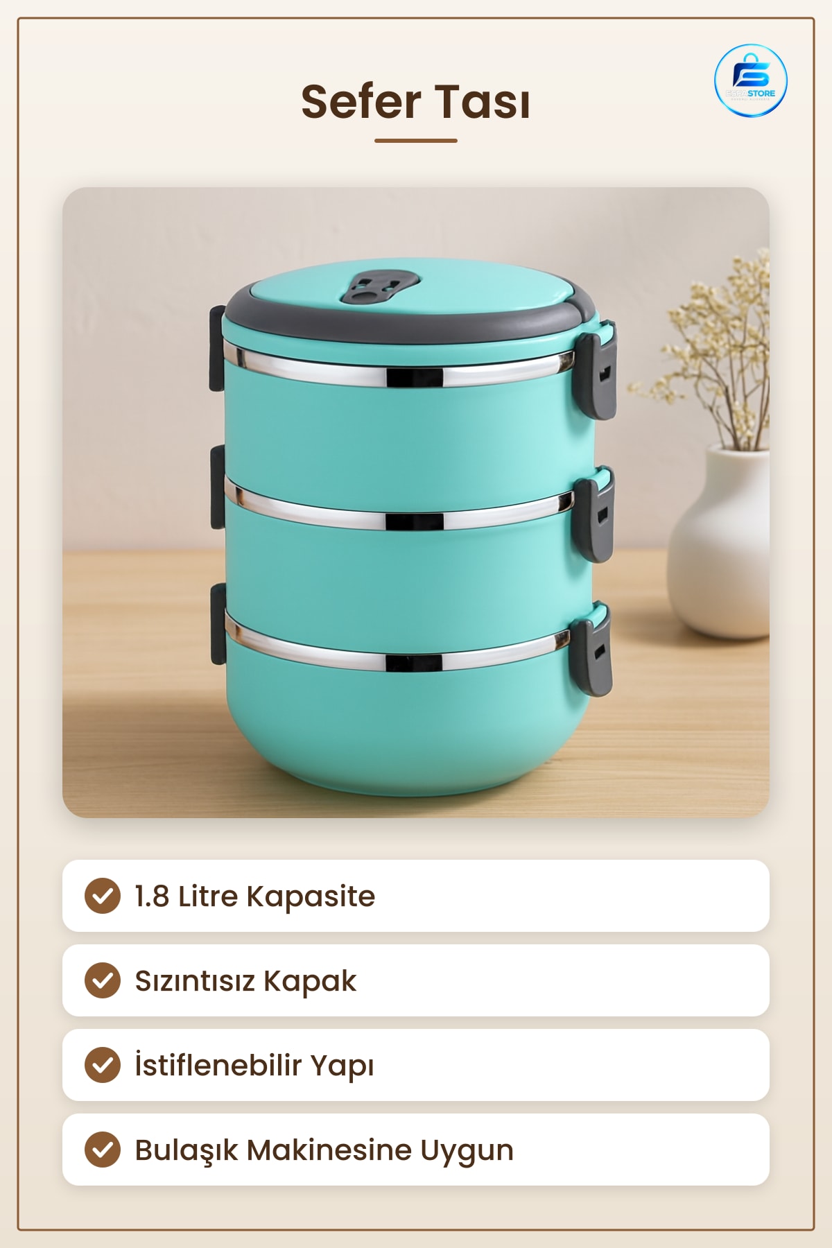 Sefer Tası 1.8L Turkuaz Saklama Kabı Yemek Taşıma Sızıntısız Kapaklı İstiflenebilir Okul İş Piknik