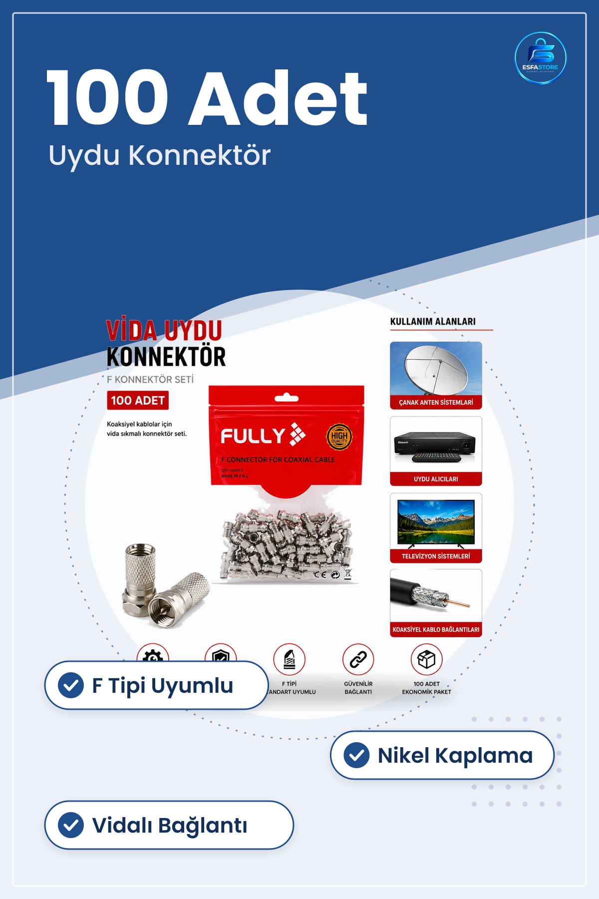 Vida Tipi Uydu Konnektör 100'lü F Koaksiyel Kablo Vidalı Seti Bağlantı Çanak Anten